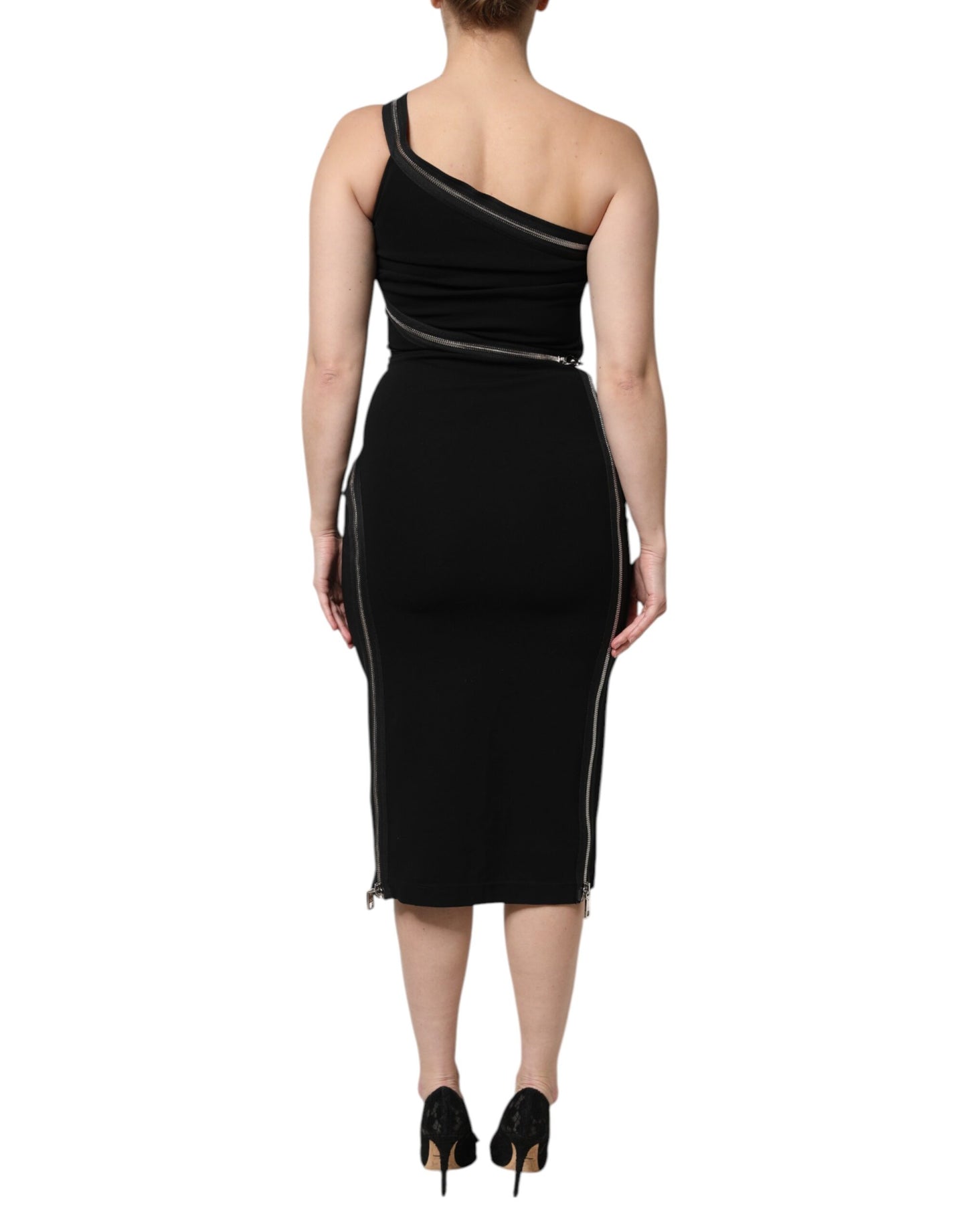 Dolce & Gabbana – Schwarzes Etuikleid aus Viskose mit One-Shoulder-Träger und Reißverschluss