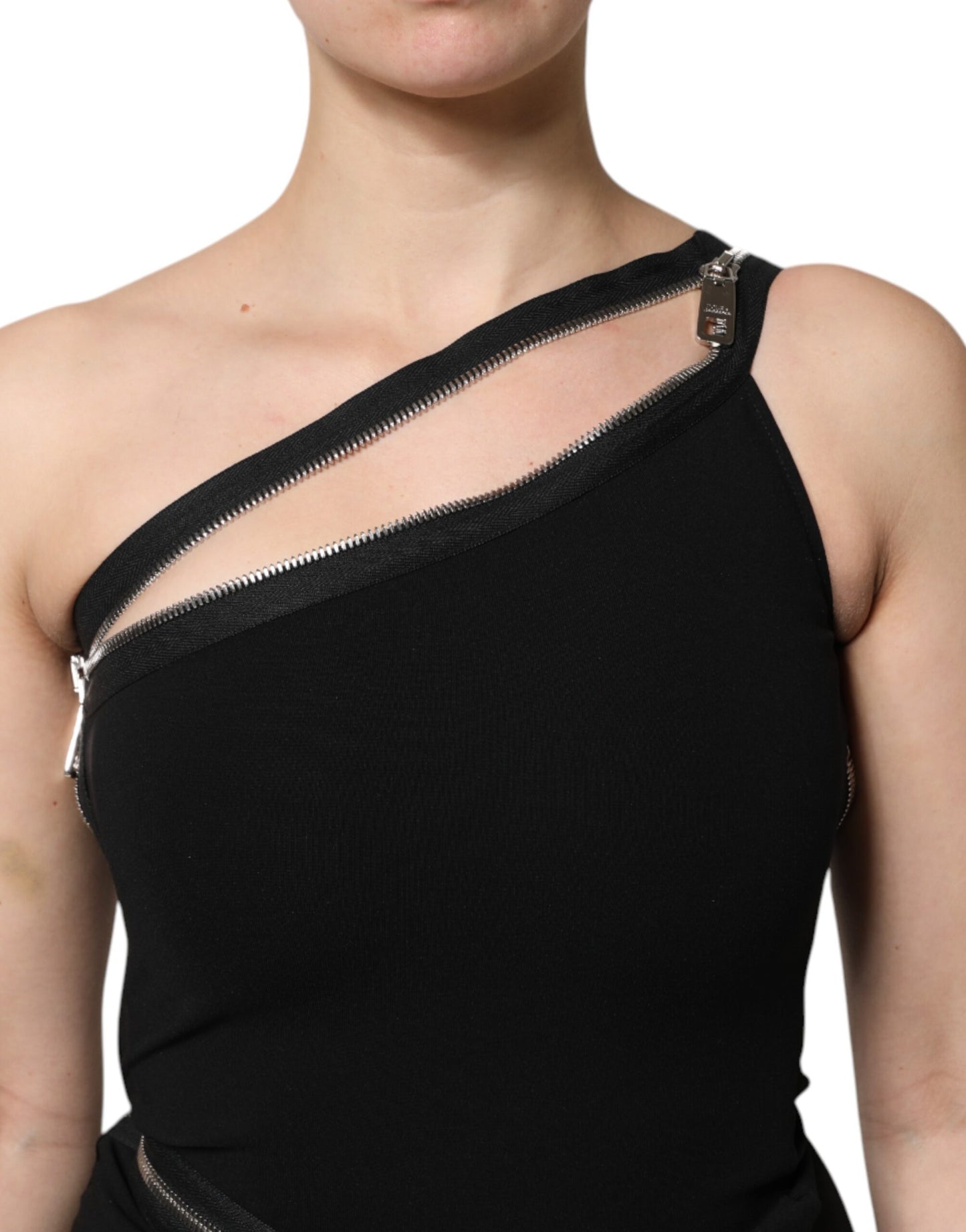 Dolce & Gabbana – Schwarzes Etuikleid aus Viskose mit One-Shoulder-Träger und Reißverschluss