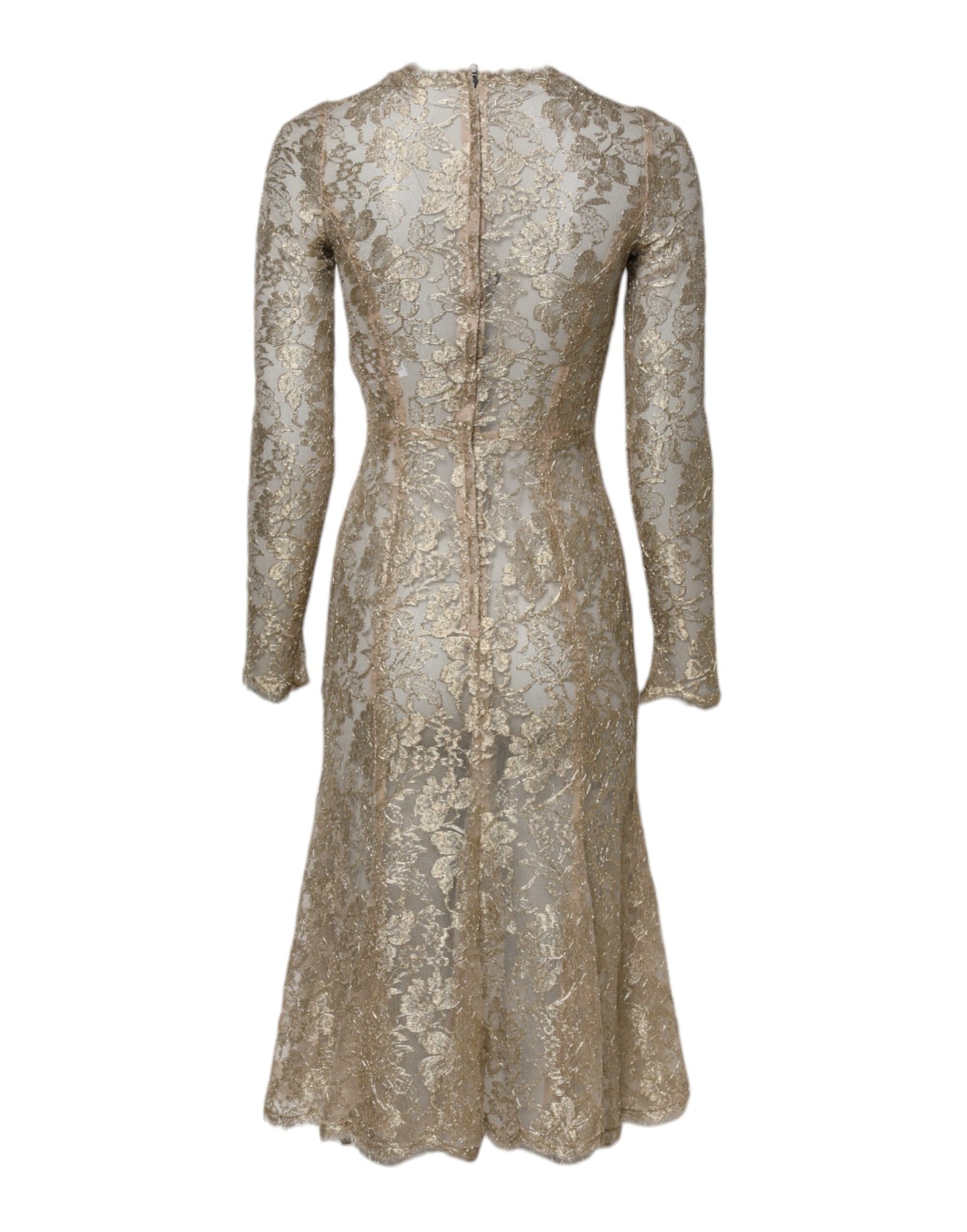 Dolce & Gabbana – Figurbetontes Kleid mit langen Ärmeln und Blumenspitze in Gold