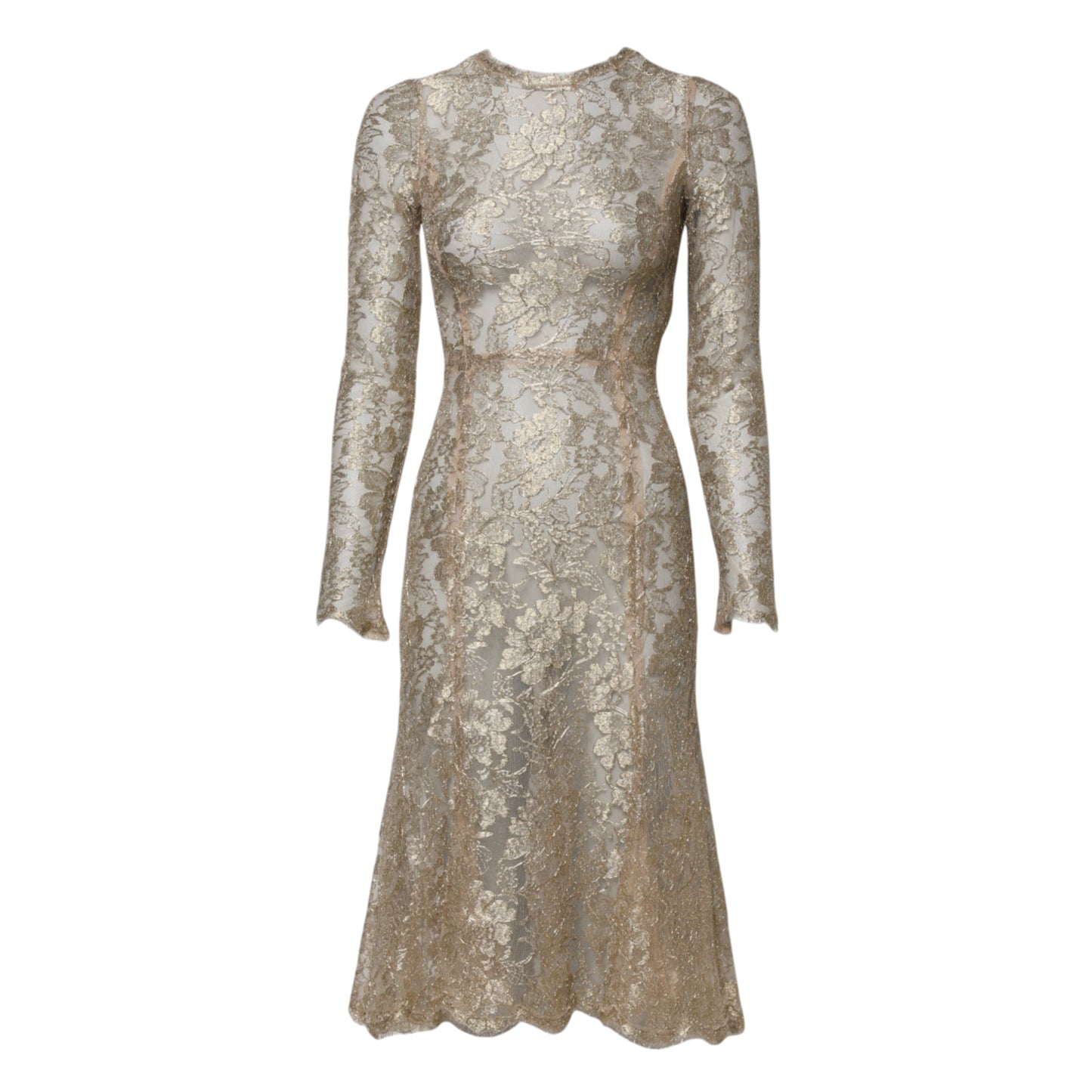 Dolce & Gabbana – Figurbetontes Kleid mit langen Ärmeln und Blumenspitze in Gold