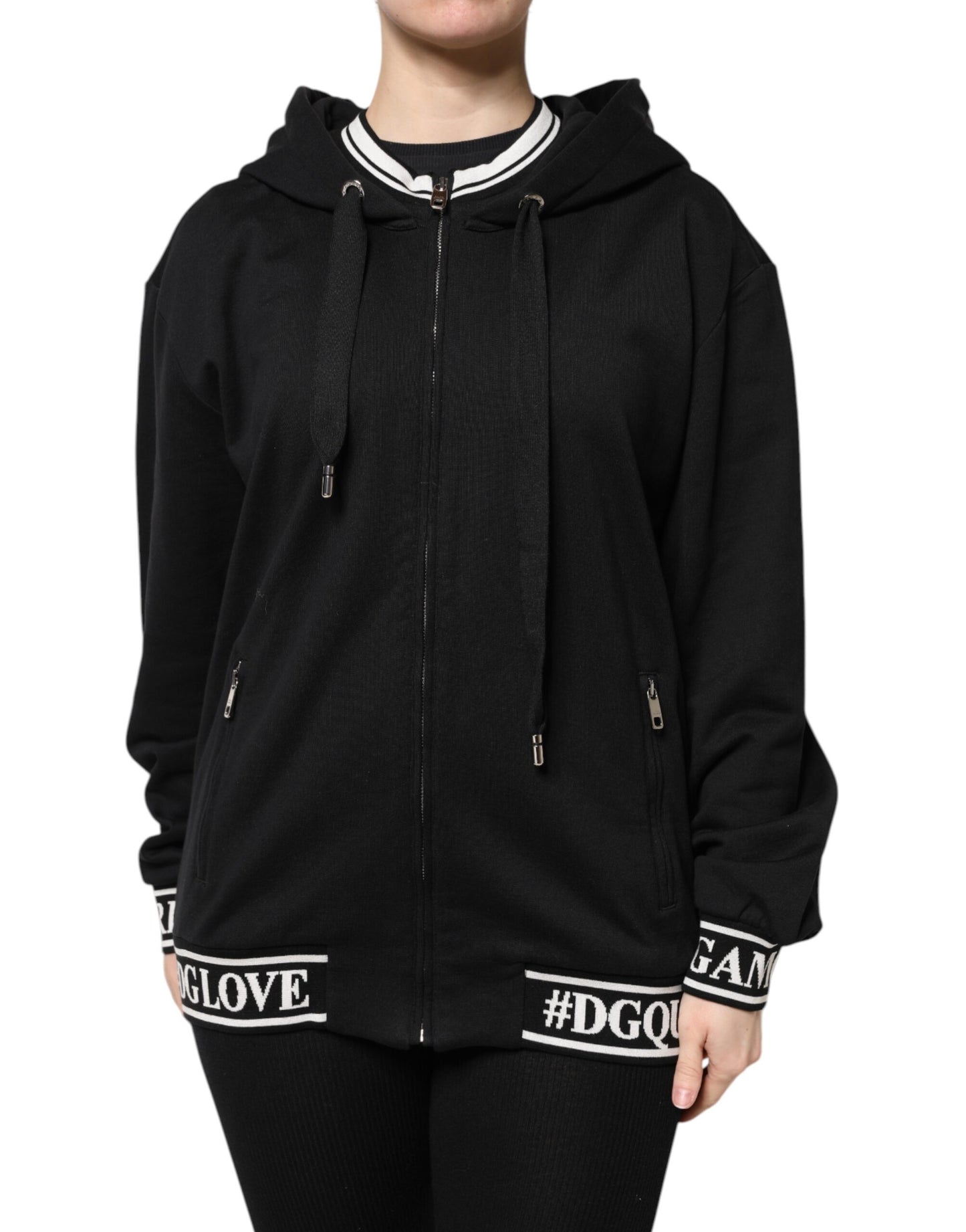 Dolce & Gabbana – Schwarzes Sweatshirt aus Baumwolle mit durchgehendem Reißverschluss und Kapuze