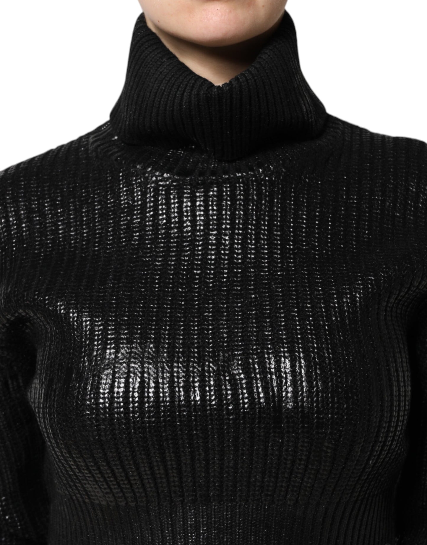Dolce & Gabbana – Schwarzes, kurzärmliges Rollkragenoberteil aus Wolle