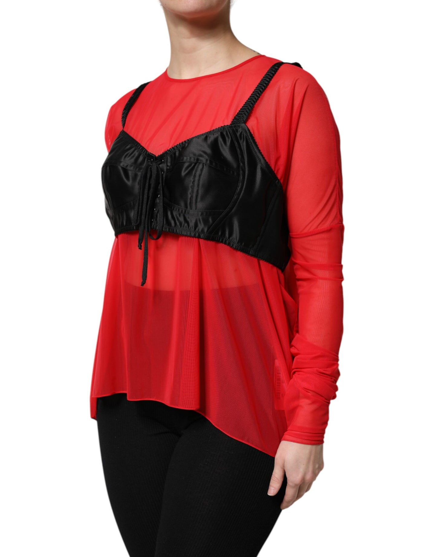 Dolce & Gabbana – Rot-schwarzes Oberteil mit langen Ärmeln und Bustier-Detail