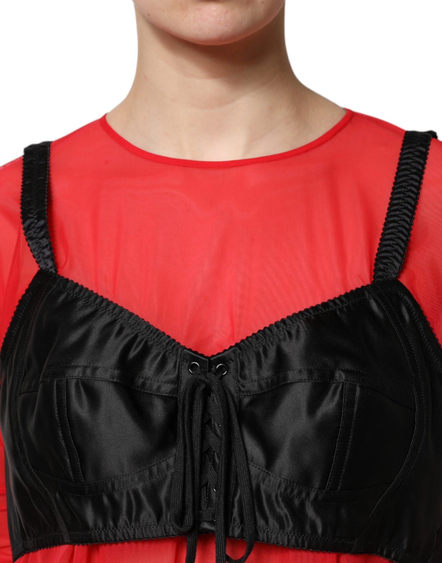 Dolce & Gabbana – Rot-schwarzes Oberteil mit langen Ärmeln und Bustier-Detail