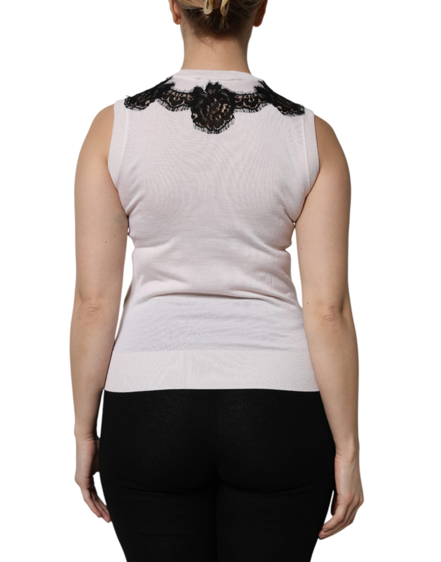 Dolce & Gabbana – Tanktop aus weißem Kaschmir mit floraler Spitze