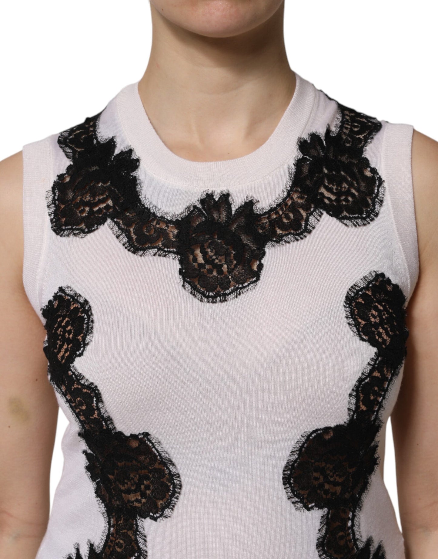 Dolce & Gabbana – Tanktop aus weißem Kaschmir mit floraler Spitze
