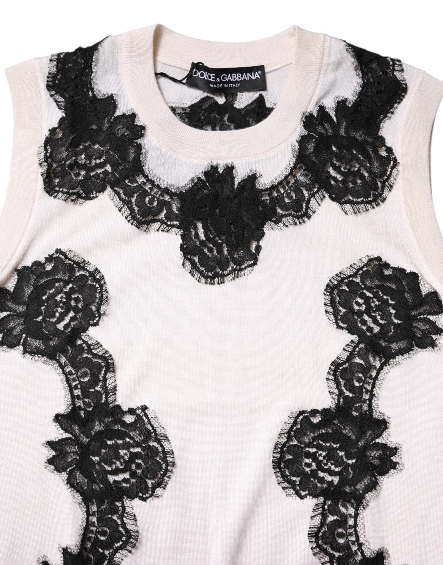 Dolce & Gabbana – Tanktop aus weißem Kaschmir mit floraler Spitze