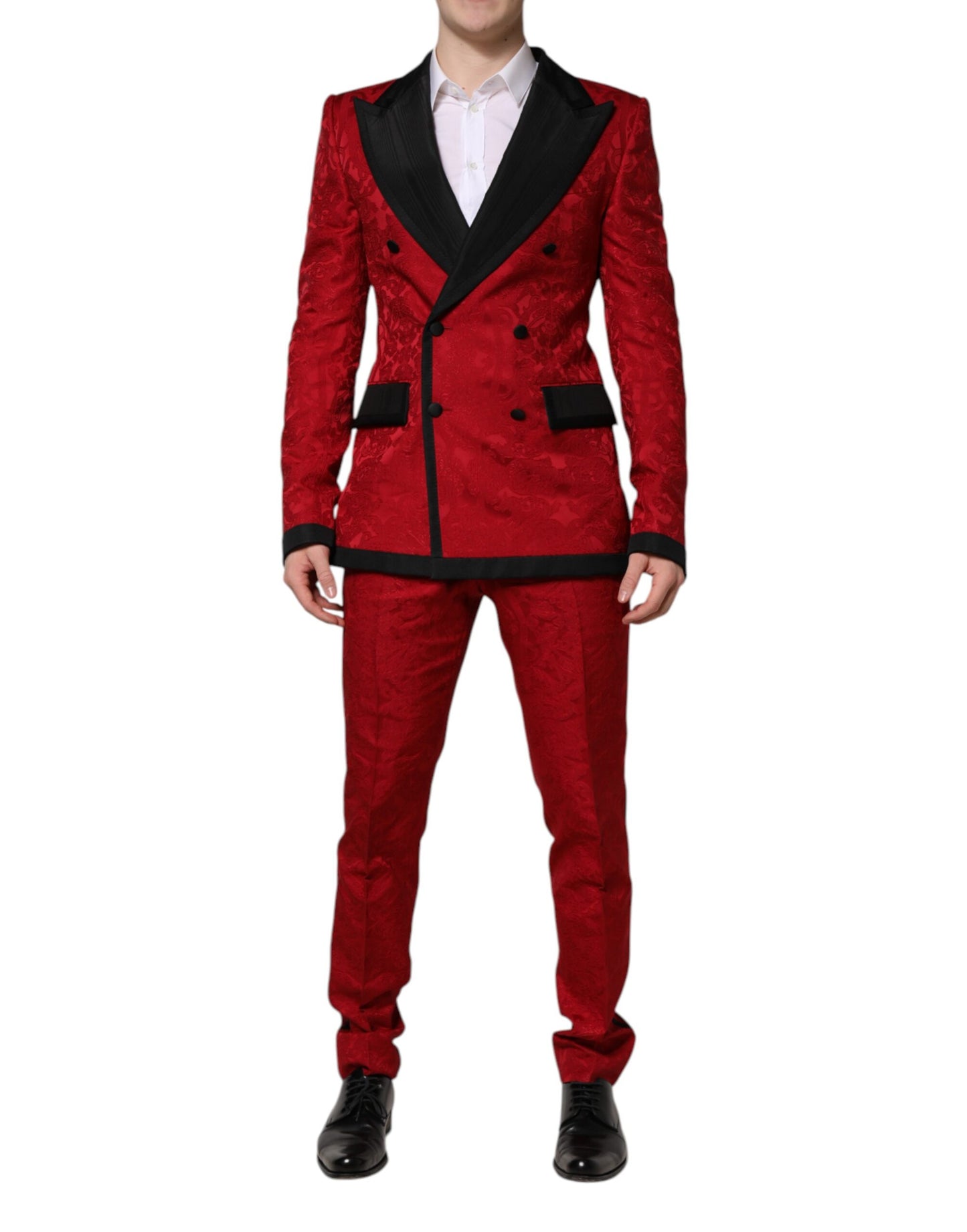 Dolce & Gabbana – Zweireihiger, zweiteiliger Anzug aus Jacquard mit Blumenmuster in Rot