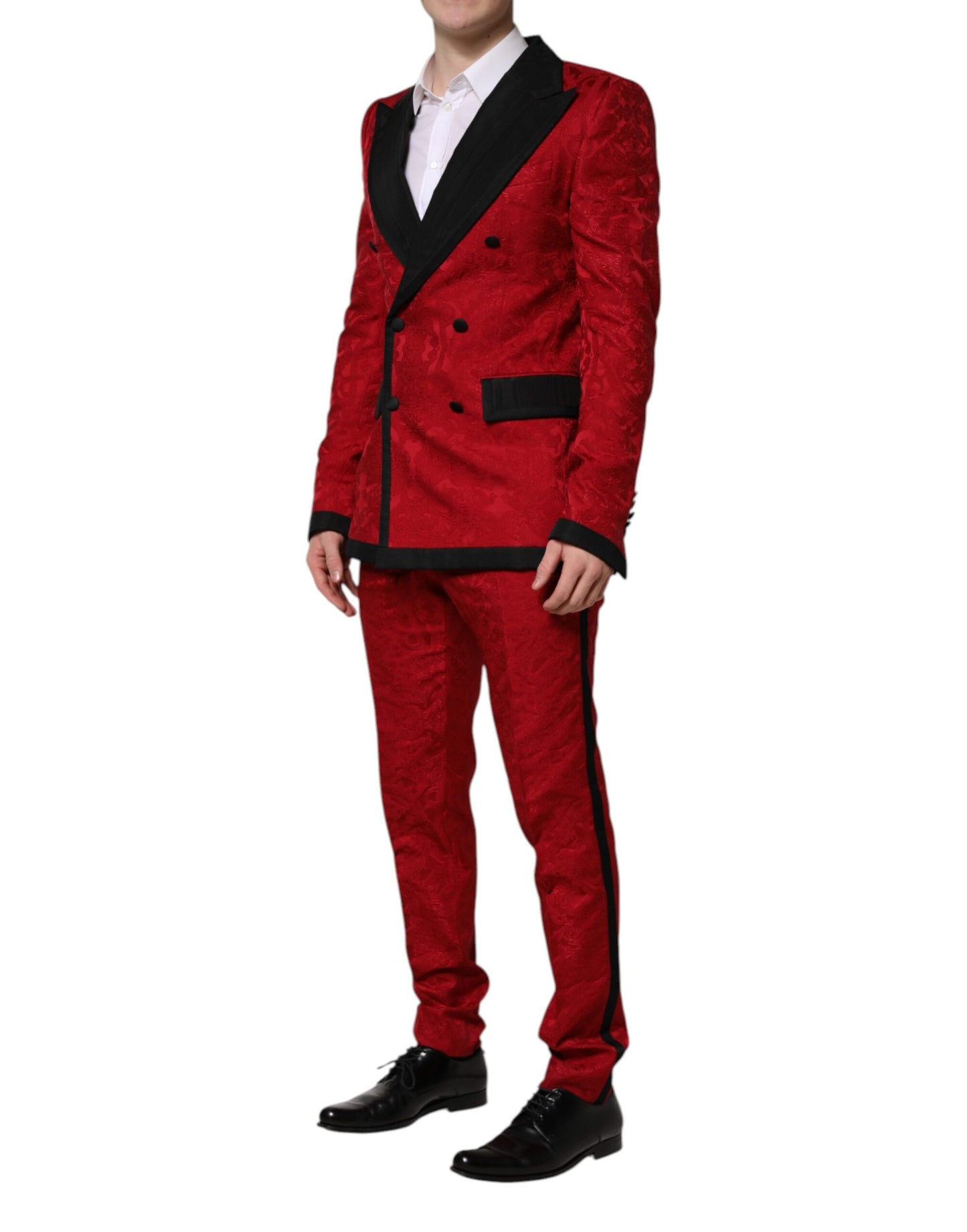 Dolce & Gabbana – Zweireihiger, zweiteiliger Anzug aus Jacquard mit Blumenmuster in Rot