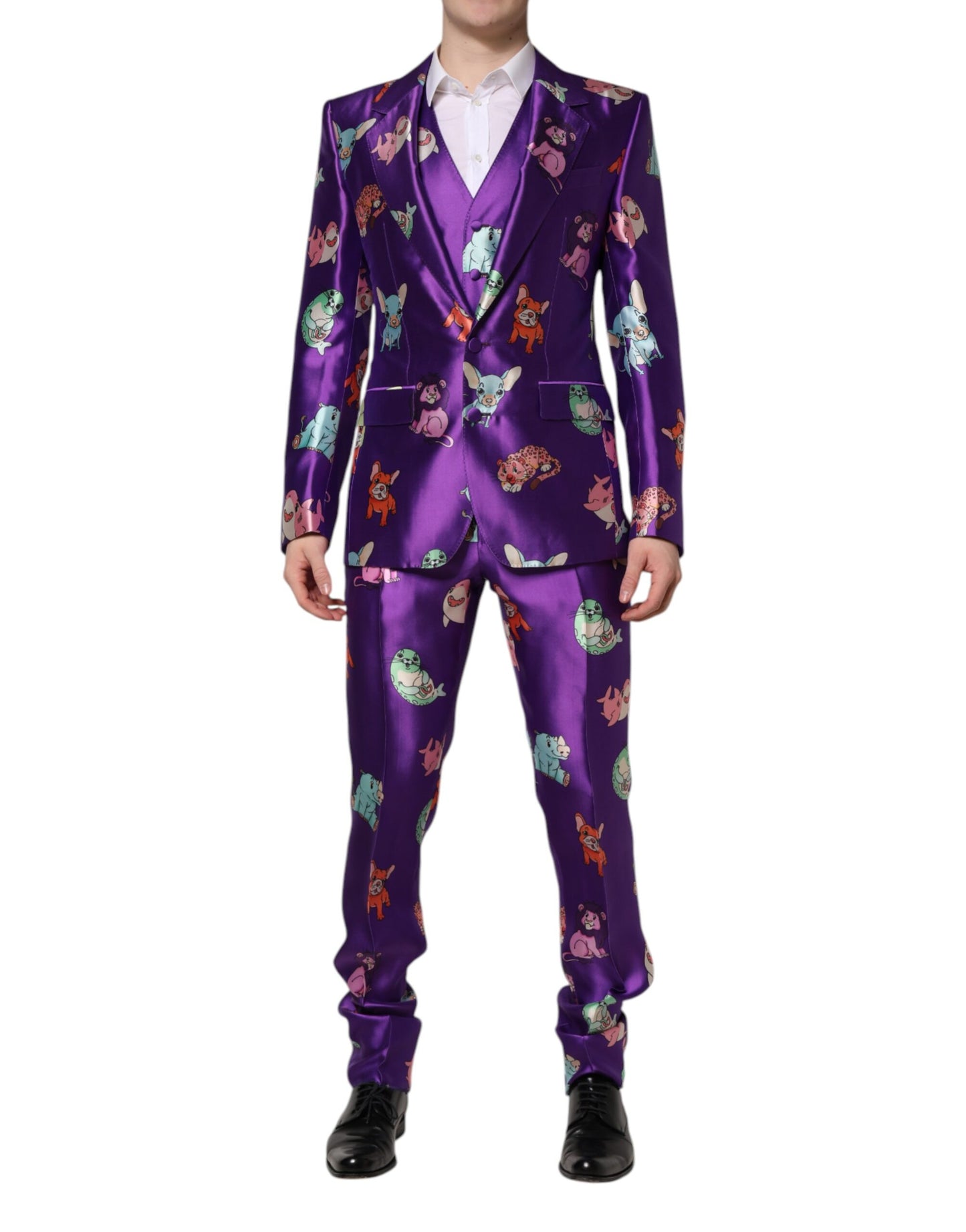 Dolce & Gabbana – Dreiteiliger Anzug aus violetter Seide mit Animalprint