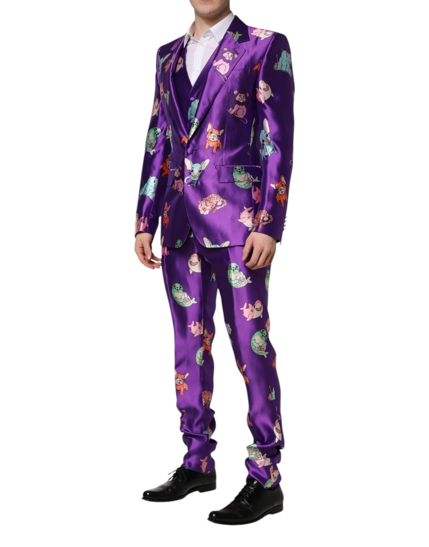 Dolce & Gabbana – Dreiteiliger Anzug aus violetter Seide mit Animalprint