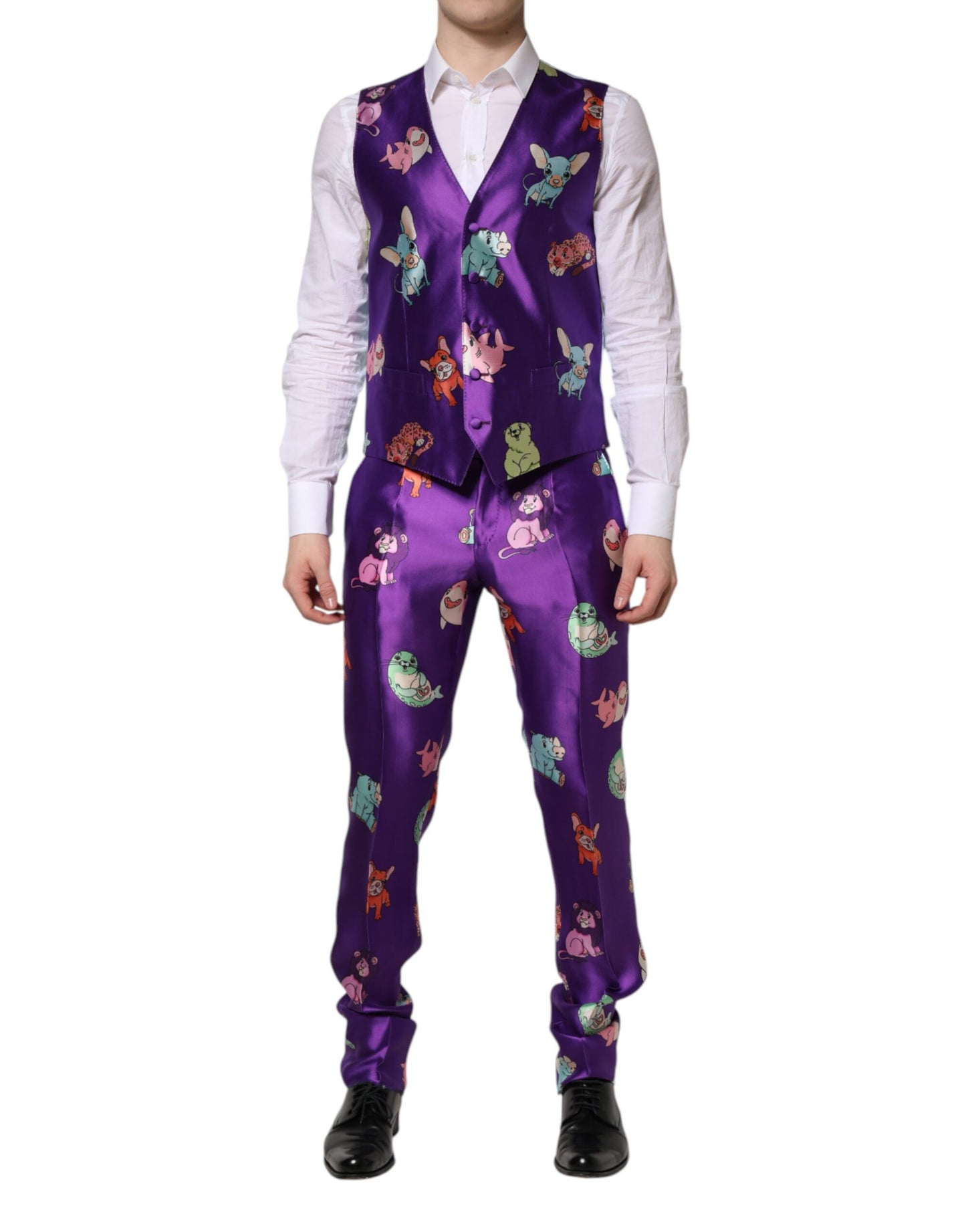 Dolce & Gabbana – Dreiteiliger Anzug aus violetter Seide mit Animalprint