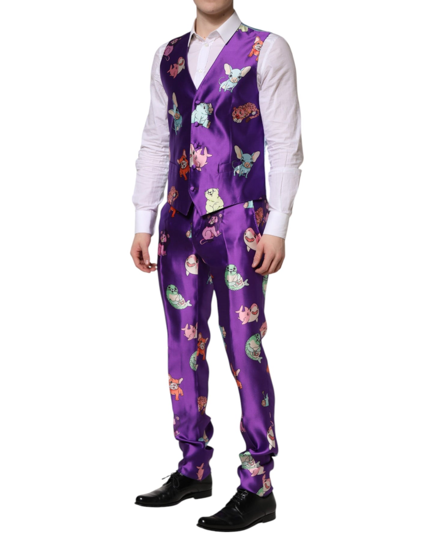 Dolce & Gabbana – Dreiteiliger Anzug aus violetter Seide mit Animalprint