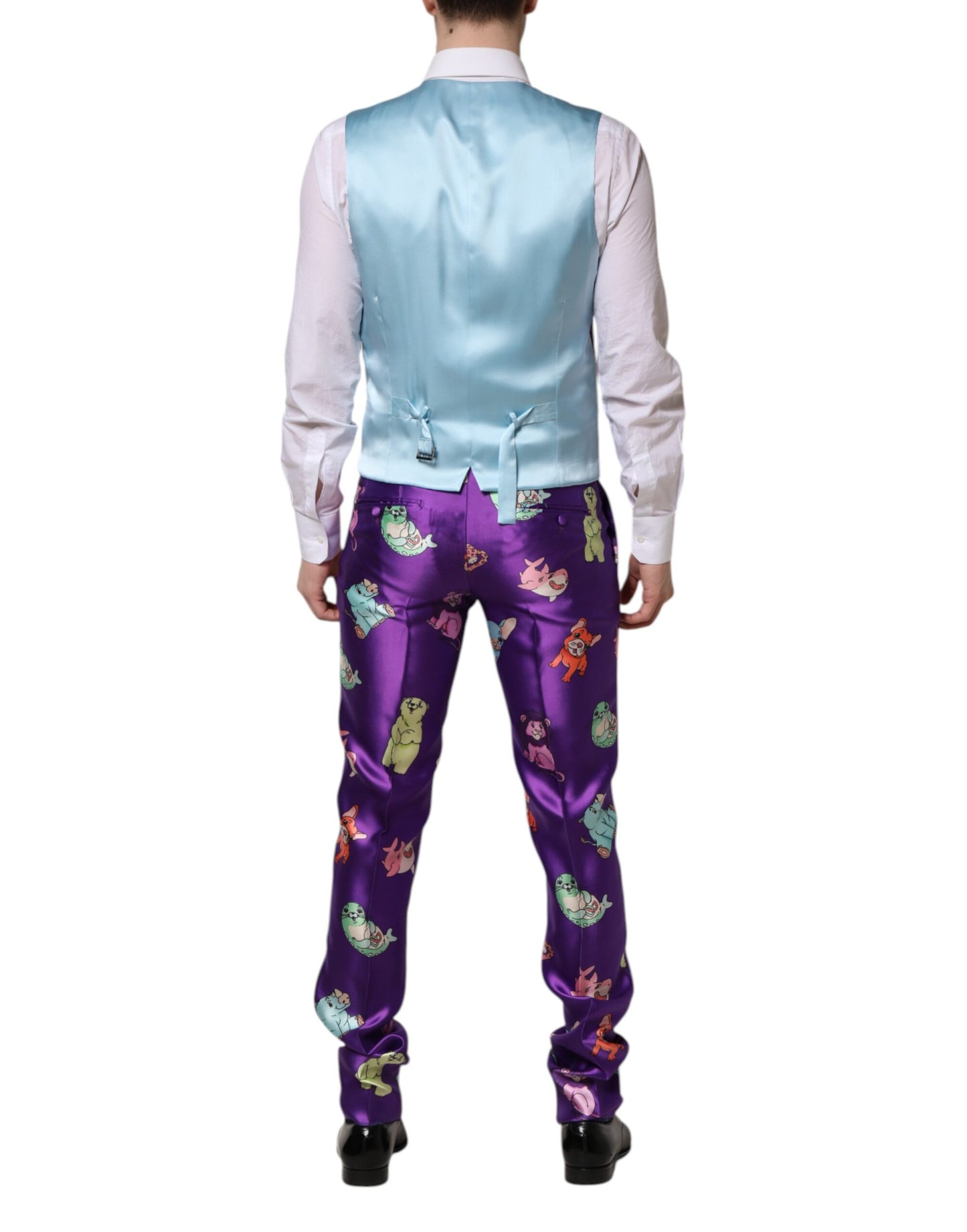 Dolce & Gabbana – Dreiteiliger Anzug aus violetter Seide mit Animalprint
