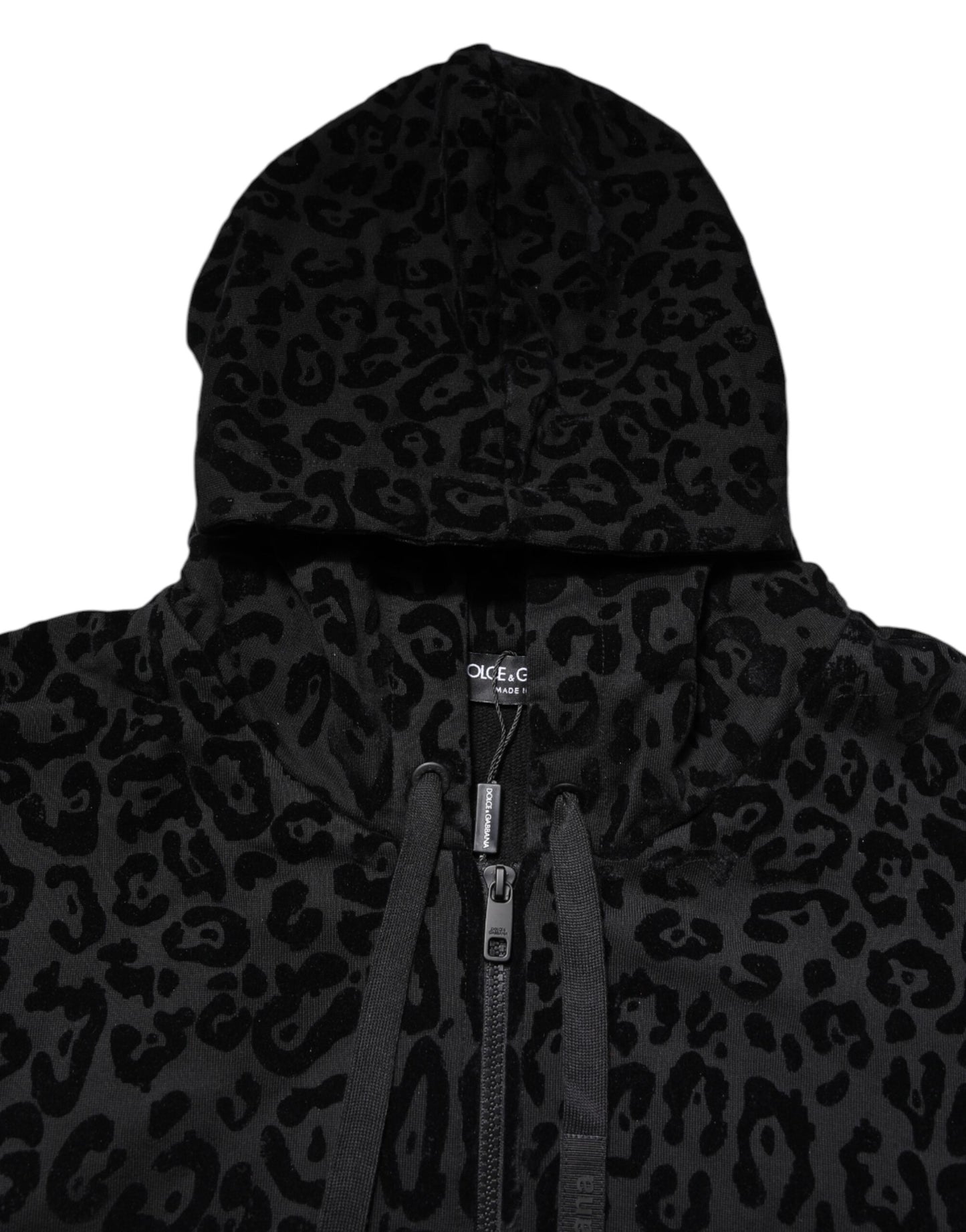 Dolce & Gabbana – Schwarzer Kapuzenpullover mit durchgehendem Reißverschluss und Leopardenmuster