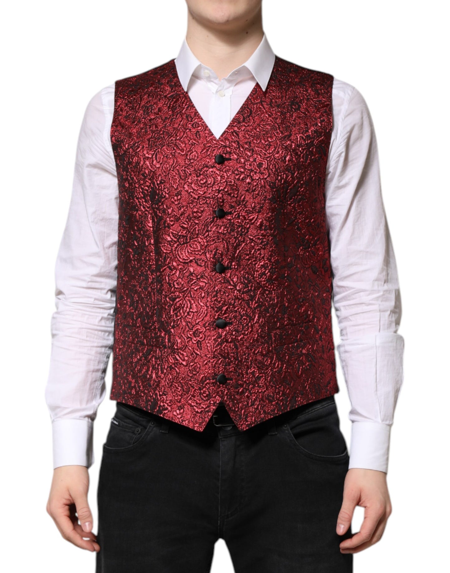 Dolce & Gabbana Rote Weste aus floralem Brokat für formelle Herren