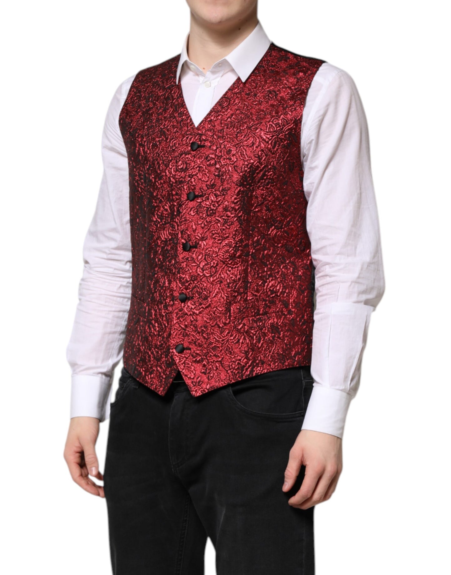 Dolce & Gabbana Rote Weste aus floralem Brokat für formelle Herren