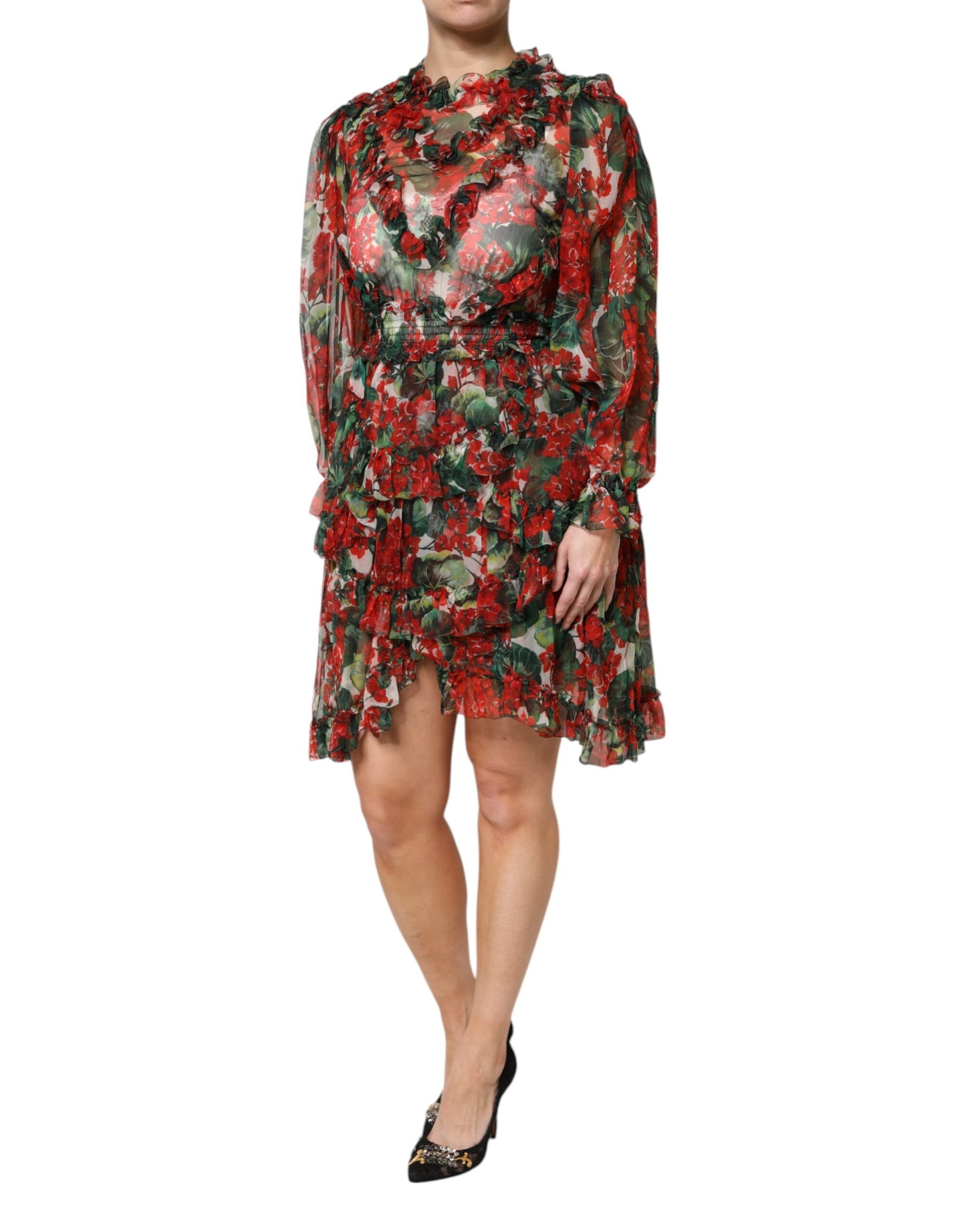 Dolce & Gabbana – Mehrfarbiges, langärmliges Kleid mit Rüschen und Blumenmuster