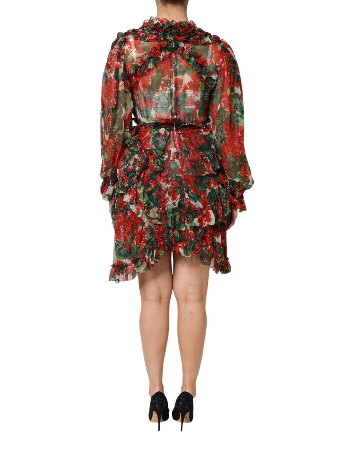 Dolce & Gabbana – Mehrfarbiges, langärmliges Kleid mit Rüschen und Blumenmuster