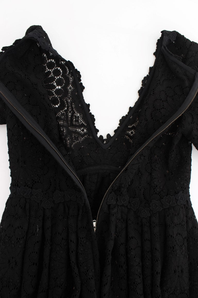 Dolce & Gabbana Schwarzes Ricamo-Strick-Maxikleid in voller Länge