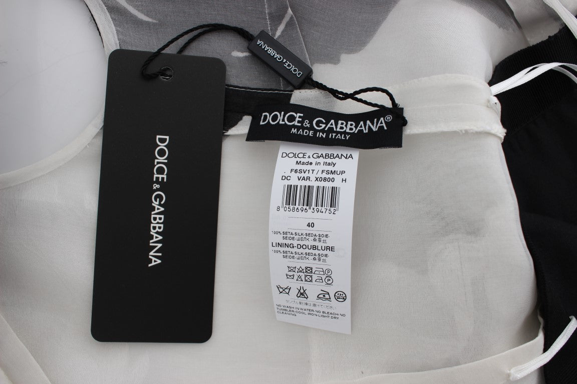 Dolce & Gabbana – Etuikleid aus Seide mit Blumenmuster in Schwarz und Weiß