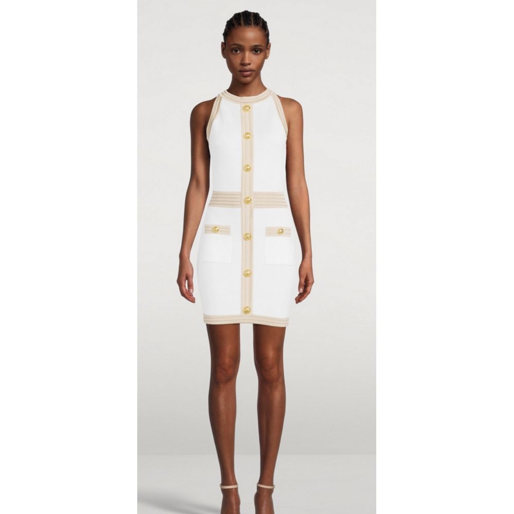 Balmain – Weißes Viskose-Damenkleid mit goldenen Kunstknöpfen