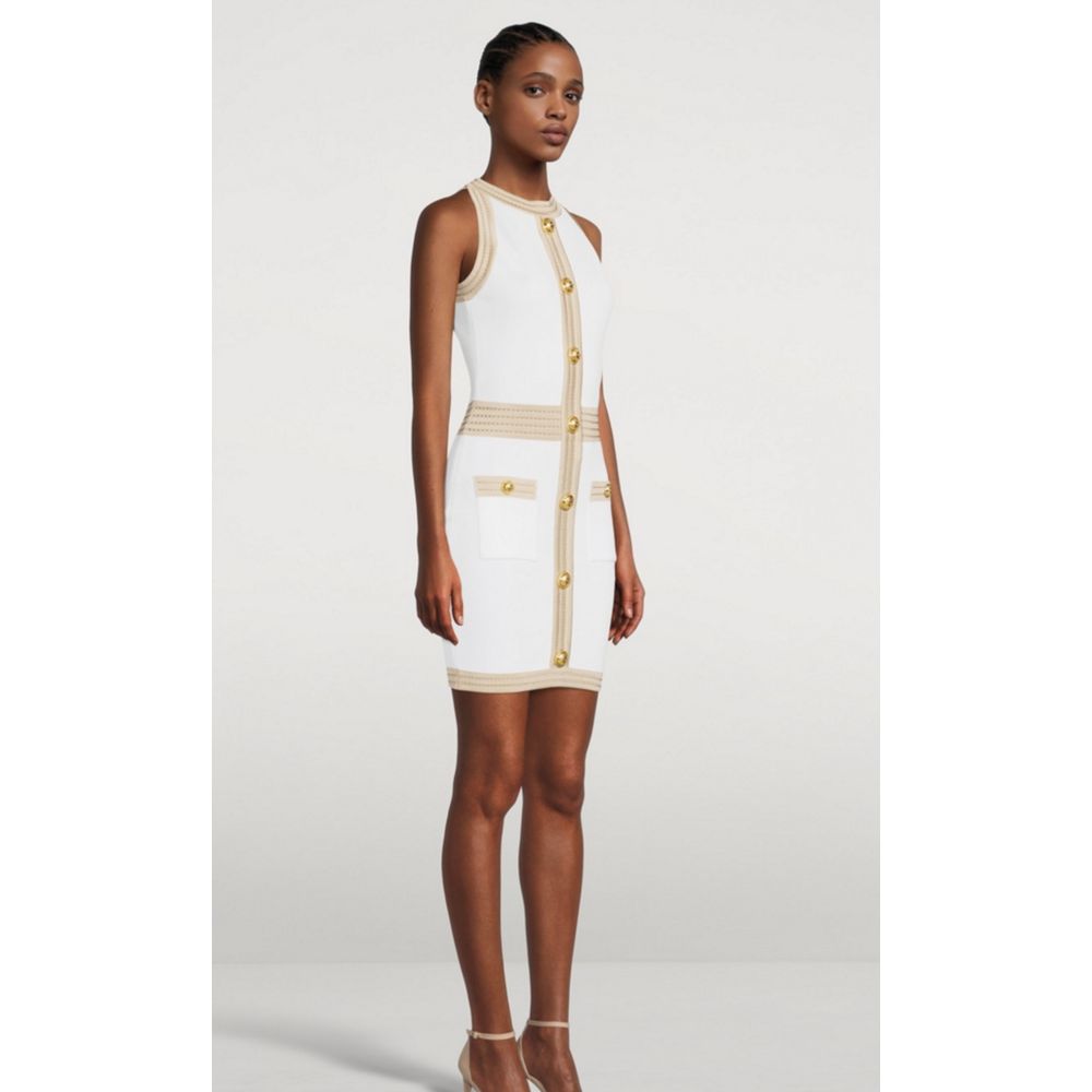 Balmain – Weißes Viskose-Damenkleid mit goldenen Kunstknöpfen
