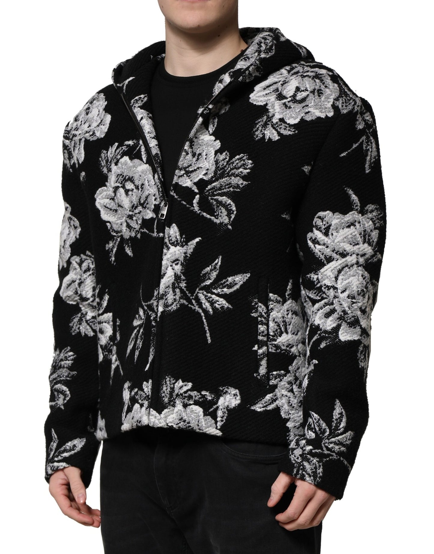 Dolce & Gabbana – Schwarze Wolljacke mit Blumenmuster für Herren