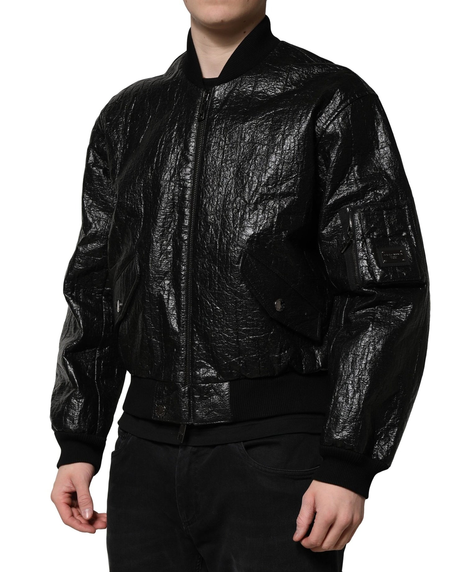Dolce & Gabbana – Bomberjacke mit durchgehendem Reißverschluss und schwarzem Logo-Schild