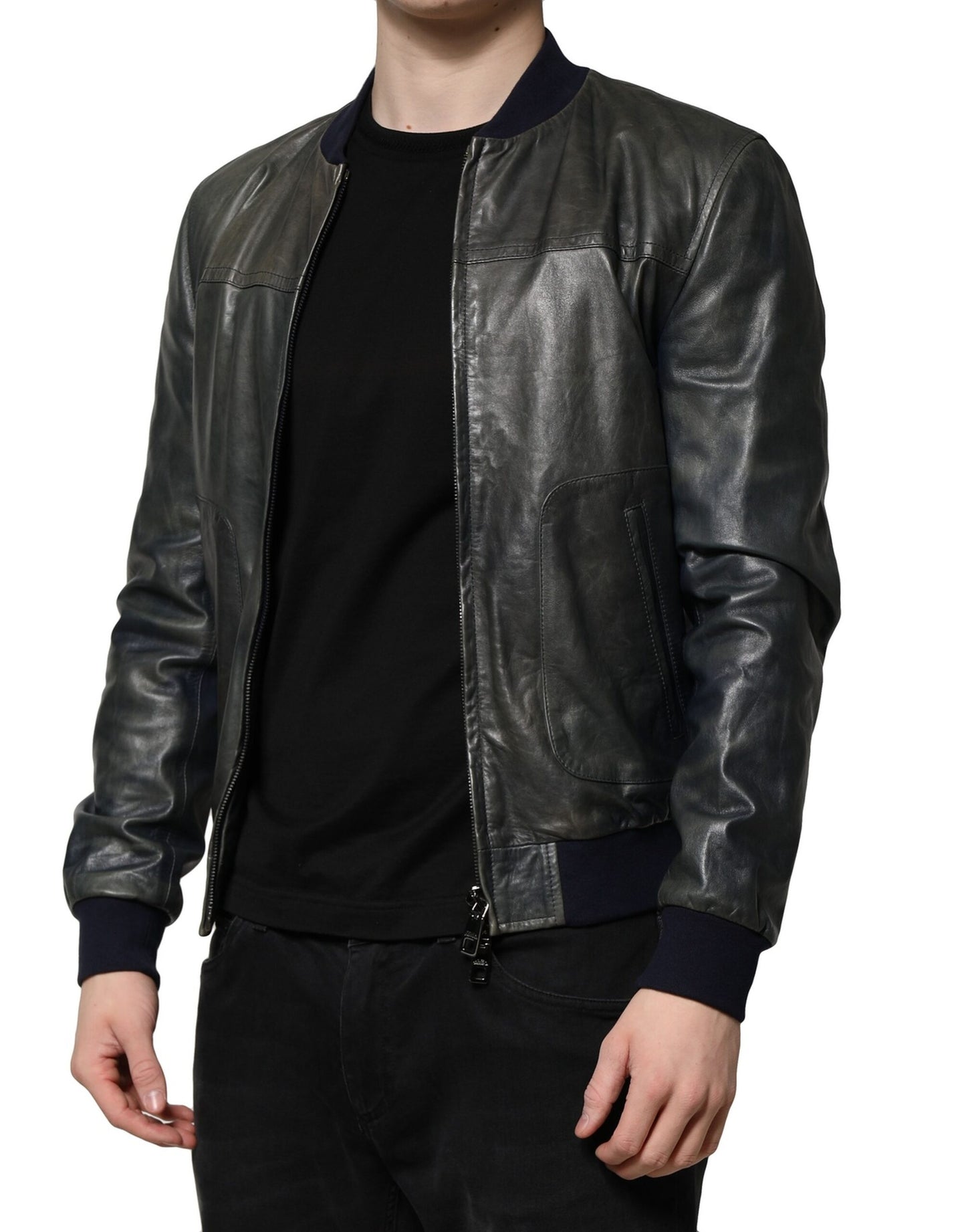 Dolce & Gabbana – Bikerjacke aus schwarzem Lammleder mit durchgehendem Reißverschluss