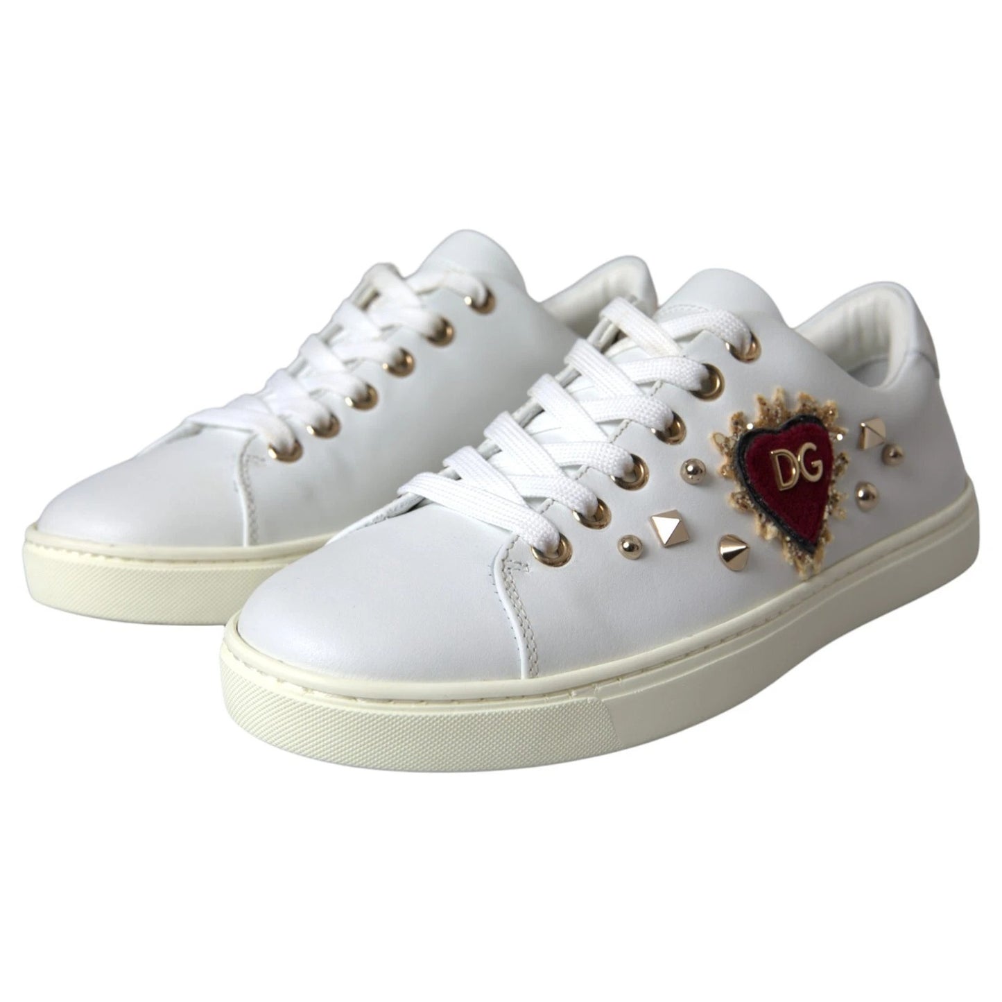 Dolce & Gabbana Weiße Leder Gold Rote Herz Sneakers Schuhe