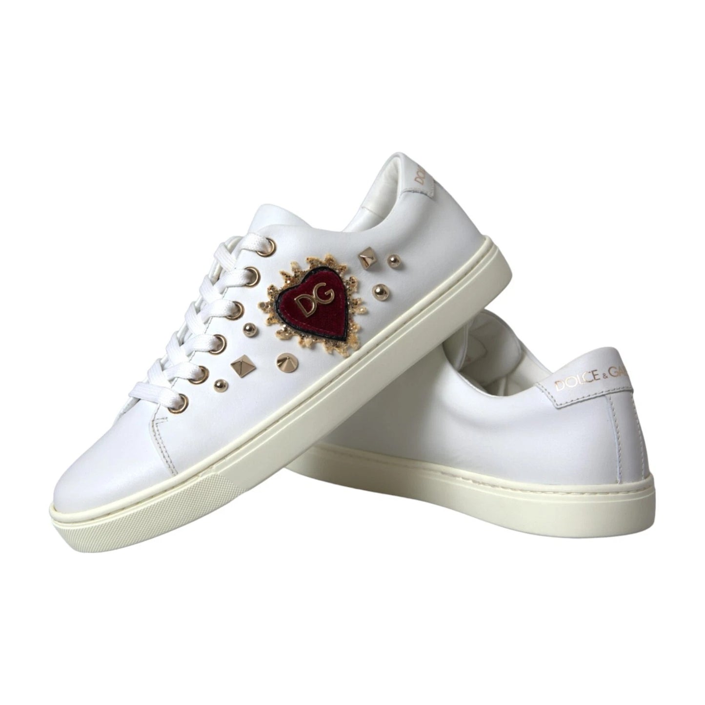Dolce & Gabbana Weiße Leder Gold Rote Herz Sneakers Schuhe