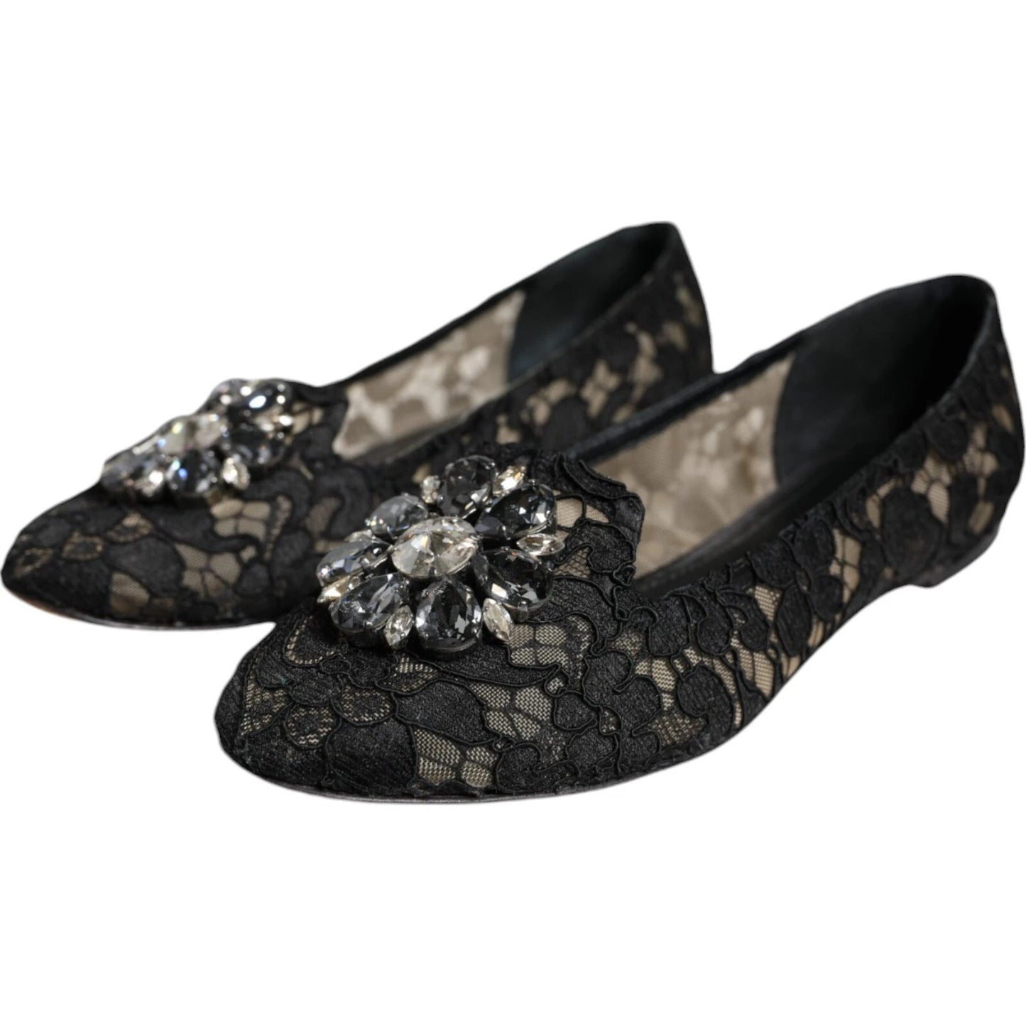 Dolce & Gabbana – Schwarze Ballerinas mit Kristallen aus Spitze und Loafer