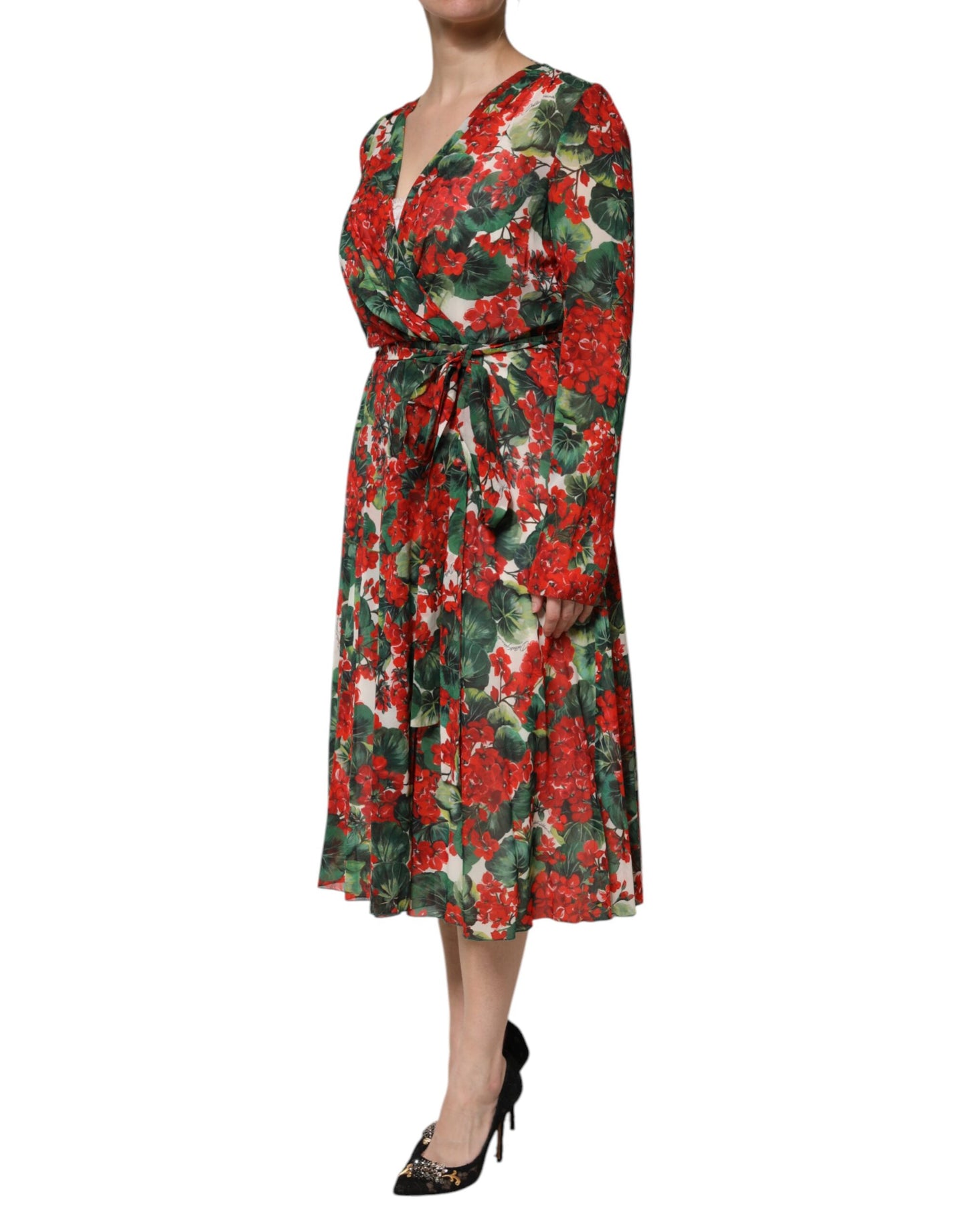 Dolce & Gabbana – Mehrfarbiges, geblümtes Kleid mit langen Ärmeln und V-Ausschnitt