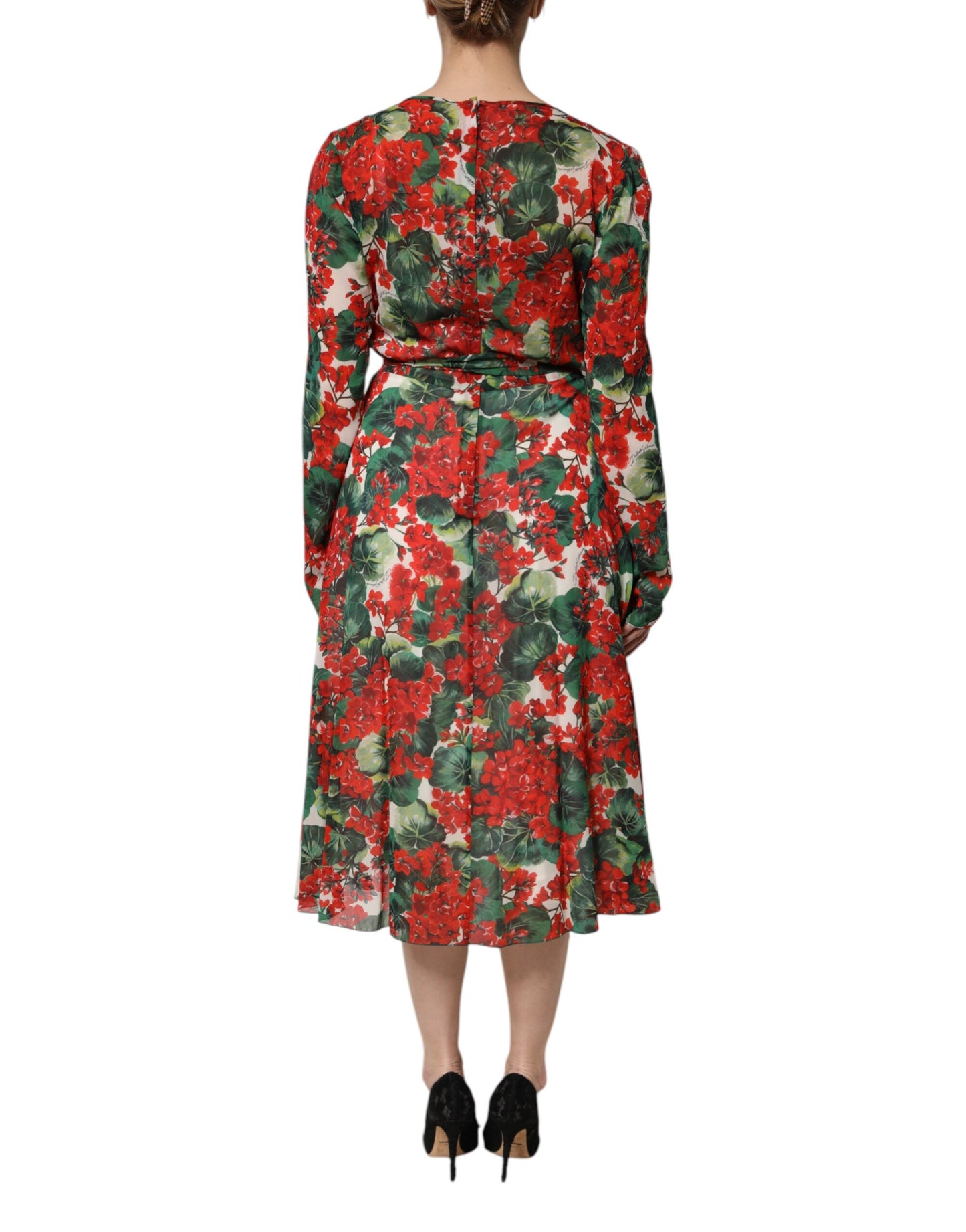 Dolce & Gabbana – Mehrfarbiges, geblümtes Kleid mit langen Ärmeln und V-Ausschnitt