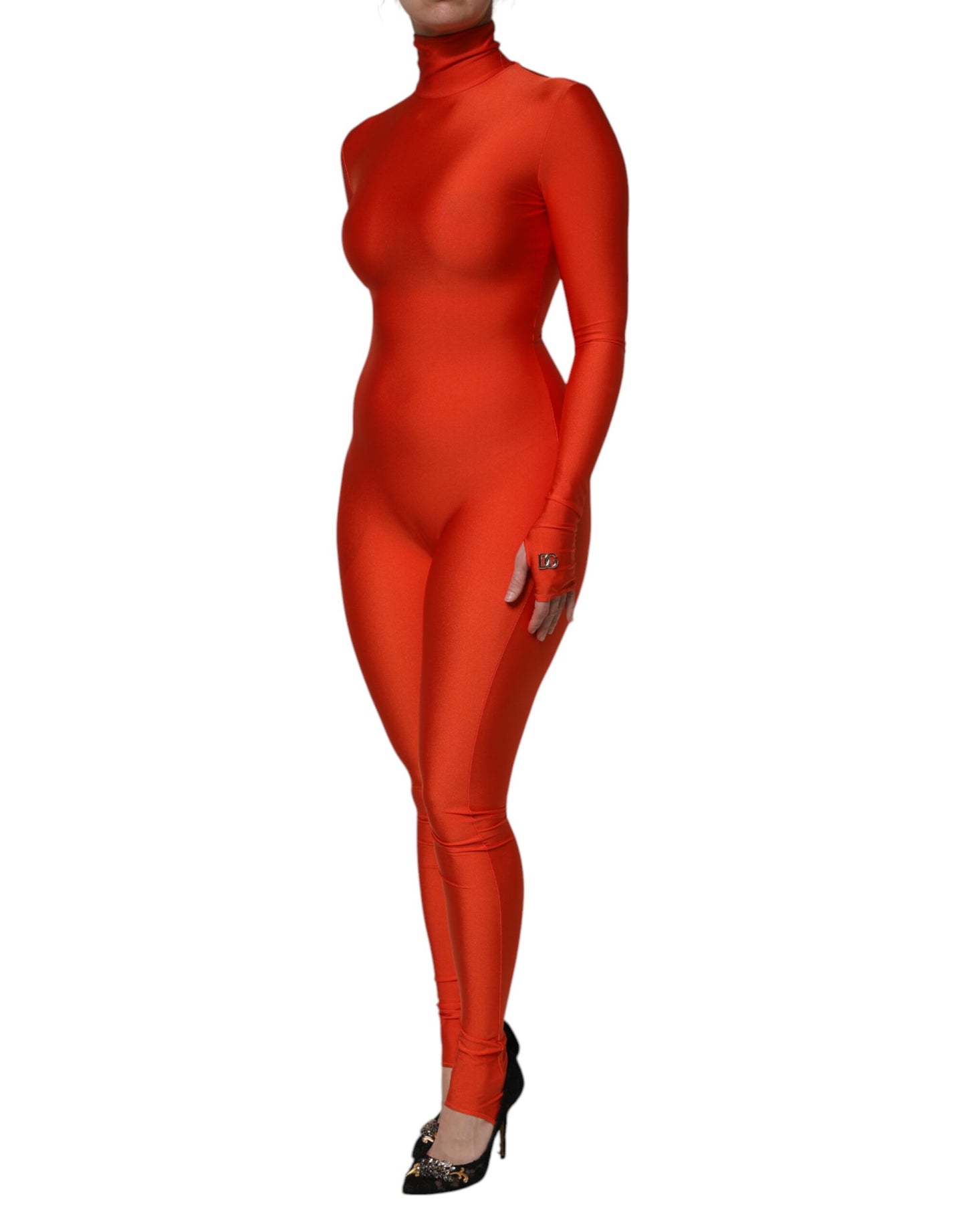 Dolce & Gabbana, rotes, figurbetontes Jumpsuit-Kleid aus Nylon mit Rollkragen