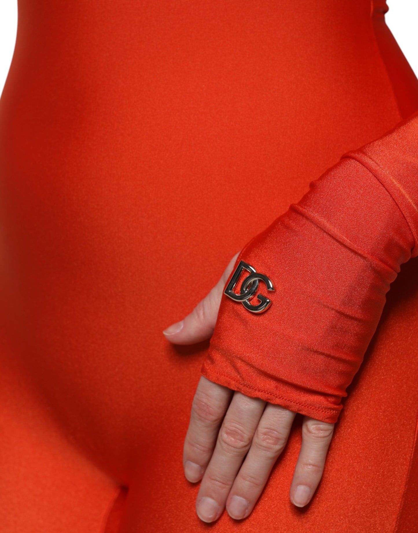 Dolce & Gabbana, rotes, figurbetontes Jumpsuit-Kleid aus Nylon mit Rollkragen