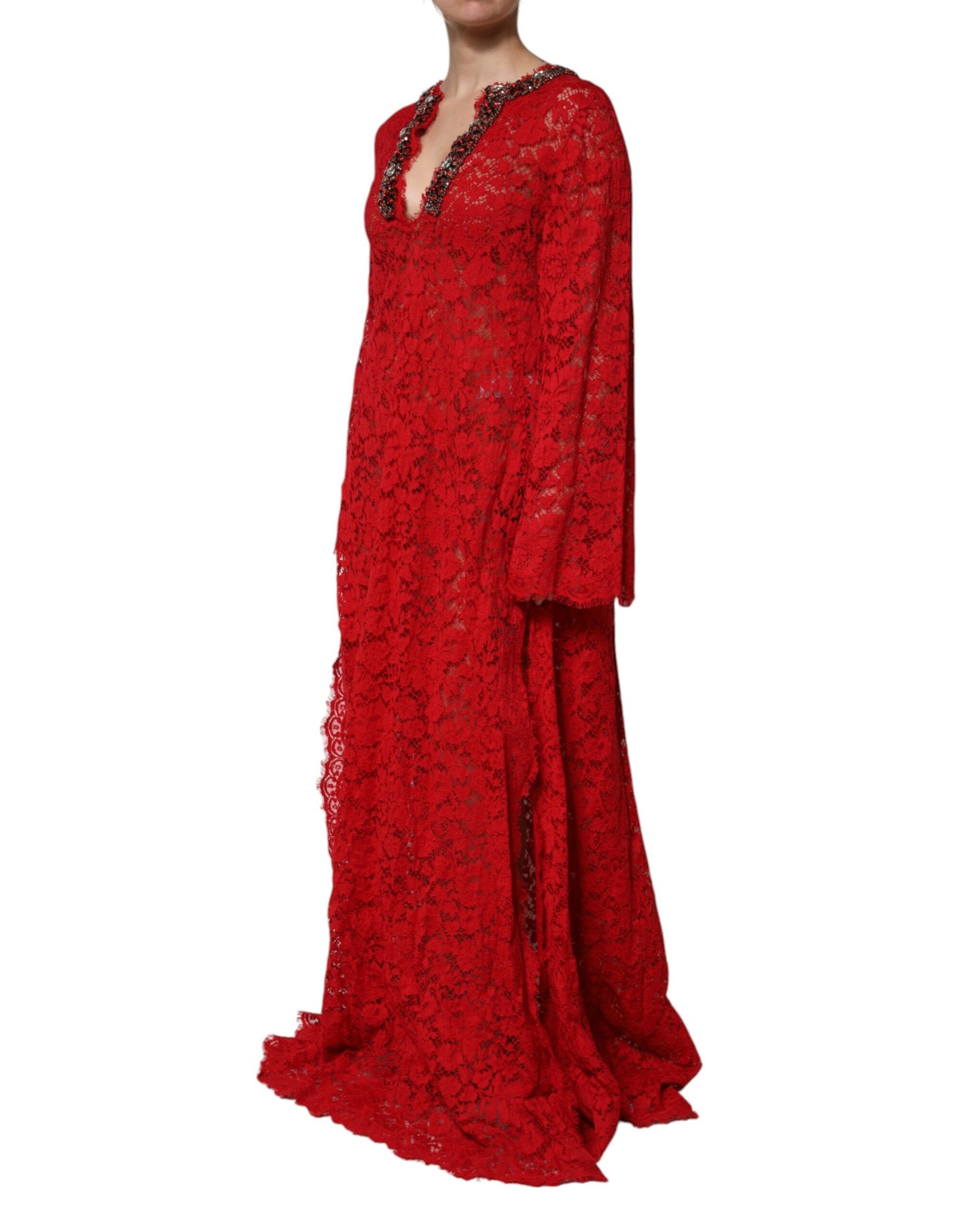 Dolce & Gabbana – Rotes Kleid mit Blumenspitze und Strassverzierung