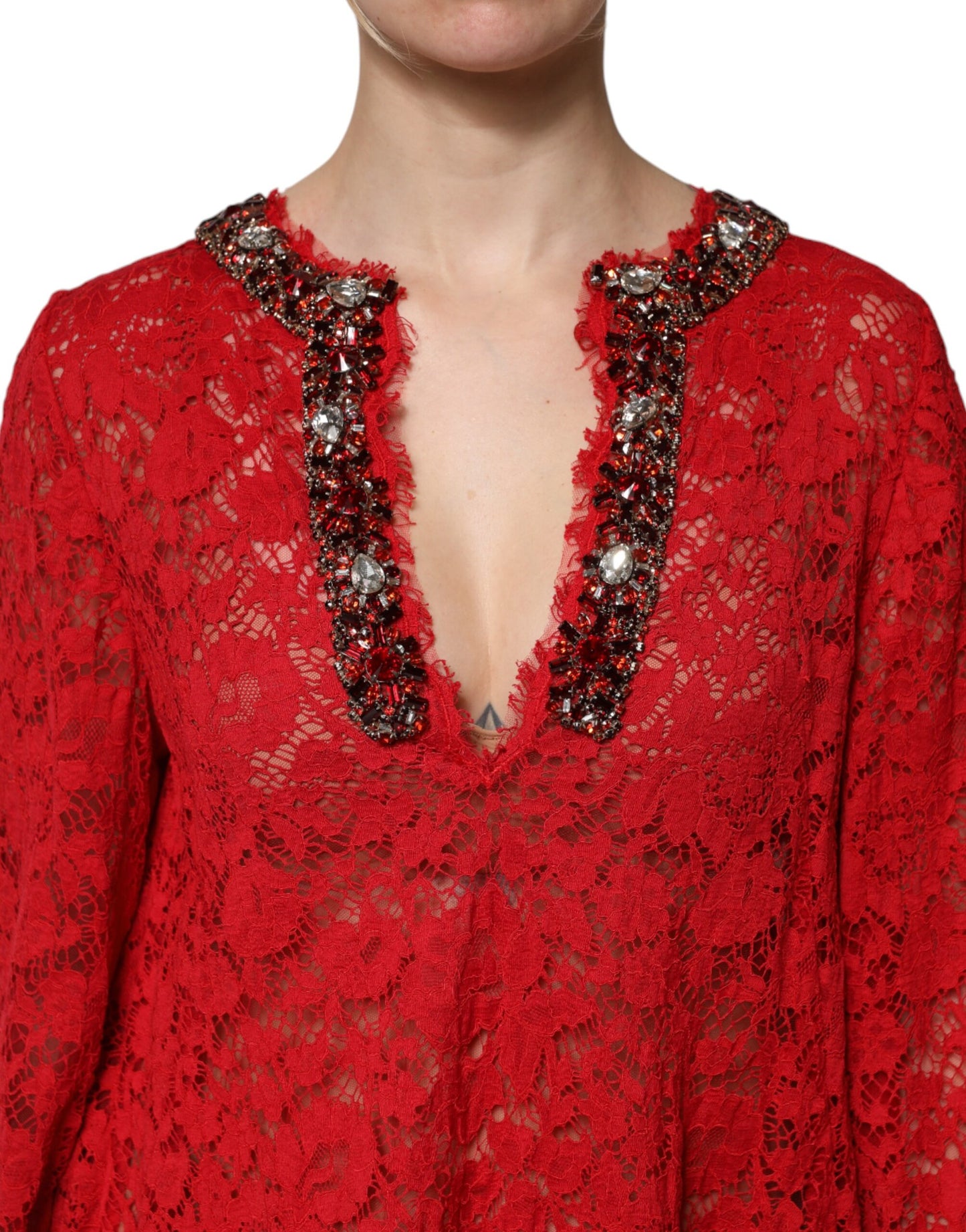 Dolce & Gabbana – Rotes Kleid mit Blumenspitze und Strassverzierung