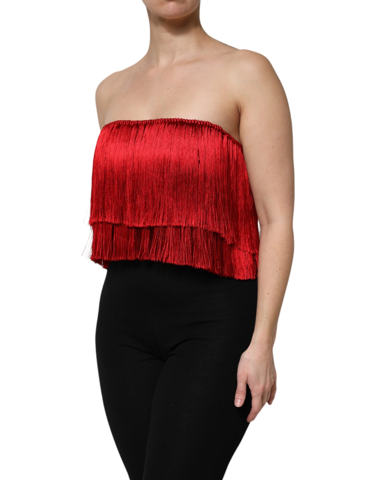 Dolce & Gabbana – Trägerloses, kurzes Tube-Top aus Seide mit Fransen in Rot