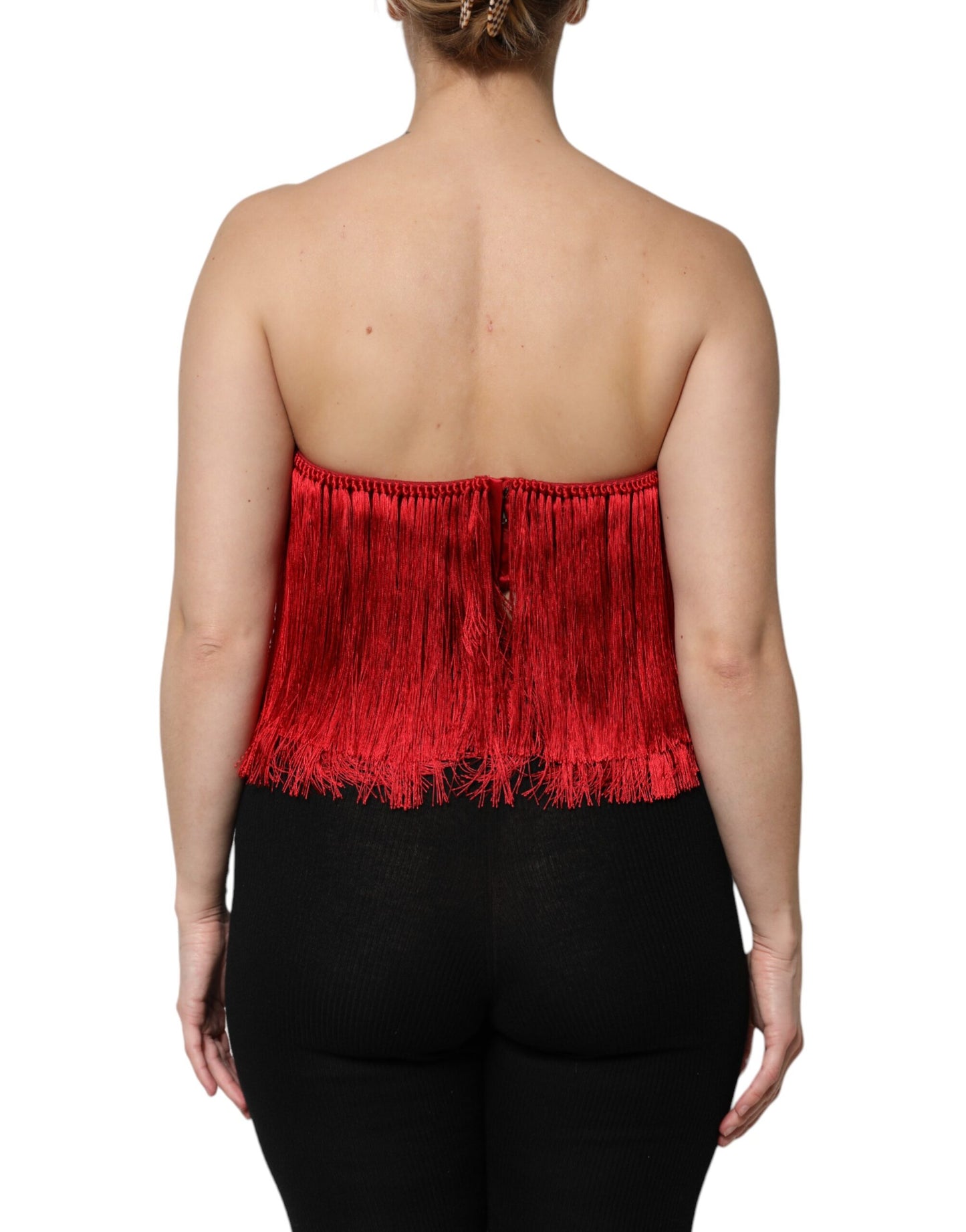 Dolce & Gabbana – Trägerloses, kurzes Tube-Top aus Seide mit Fransen in Rot