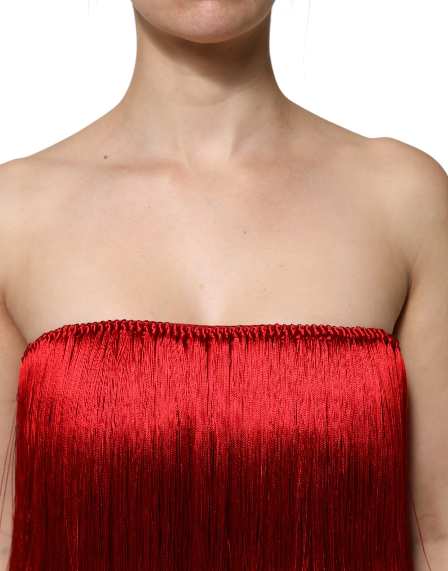 Dolce & Gabbana – Trägerloses, kurzes Tube-Top aus Seide mit Fransen in Rot