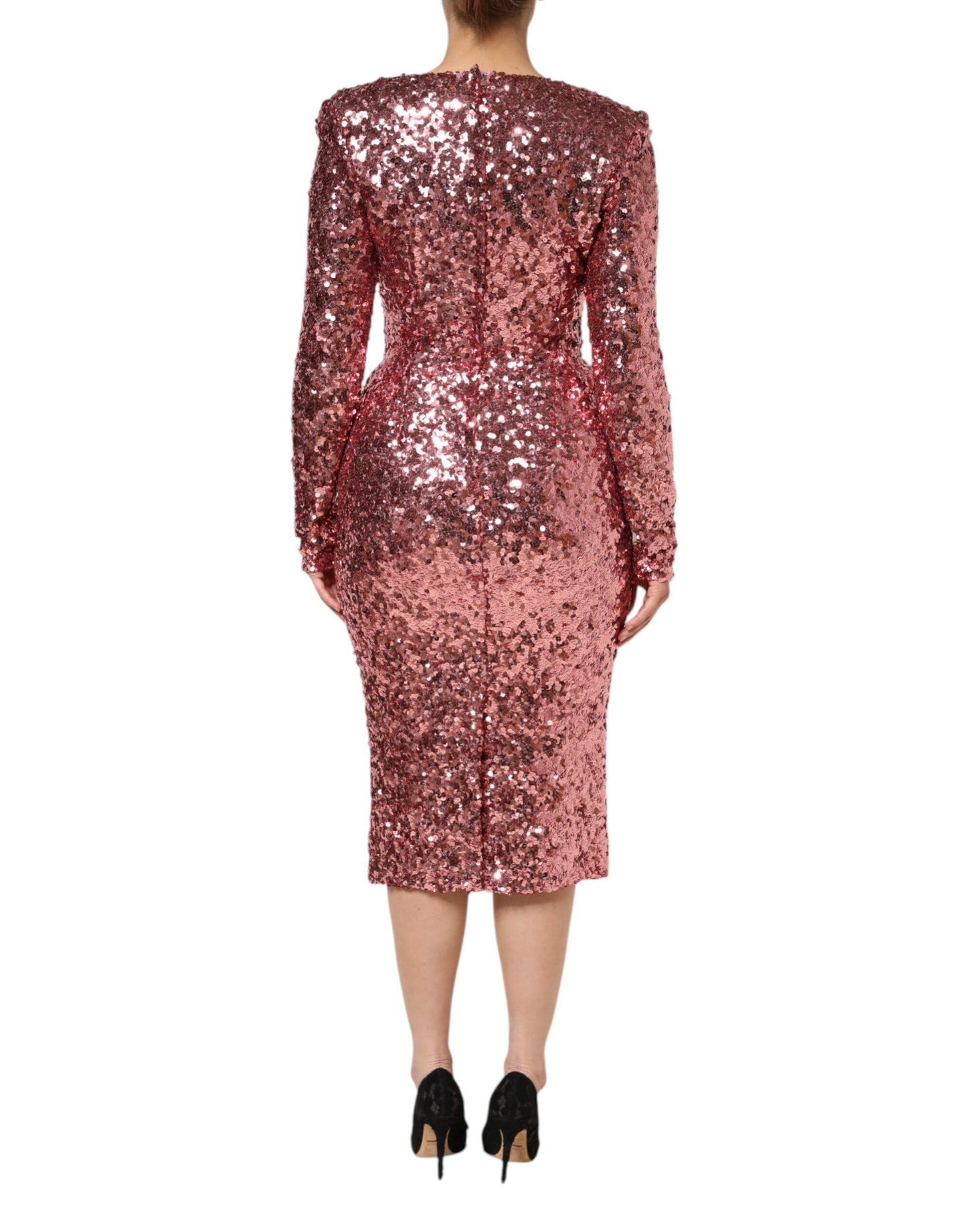 Dolce & Gabbana – Statement-Midikleid aus Nylon mit V-Ausschnitt und Pailletten in Rosa
