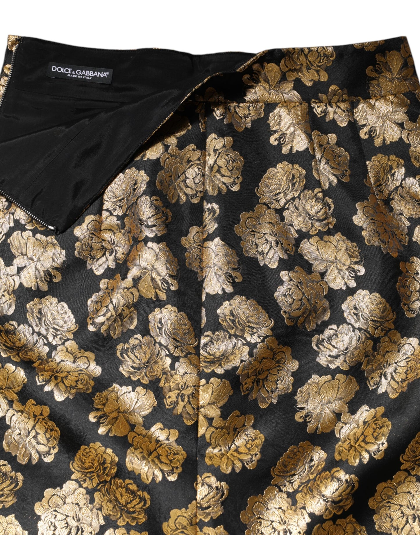 Dolce & Gabbana – Schwarz-goldener Jacquard-Minirock mit Blumendruck