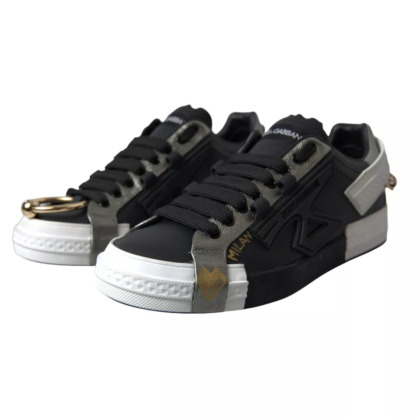 Dolce & Gabbana Schwarze Leder Low Top Sneakers Portofino Schuhe