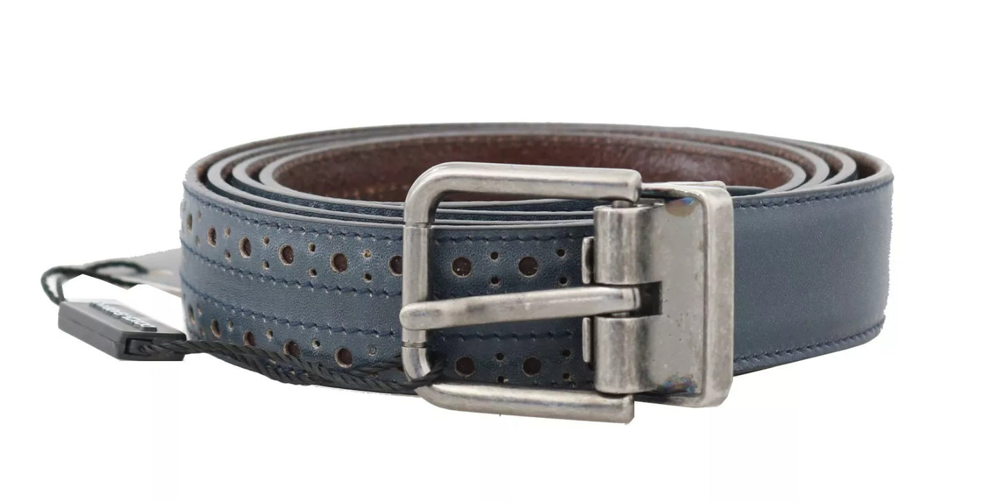 Dolce & Gabbana Blauer perforierter Ledergürtel mit grauer Schnalle