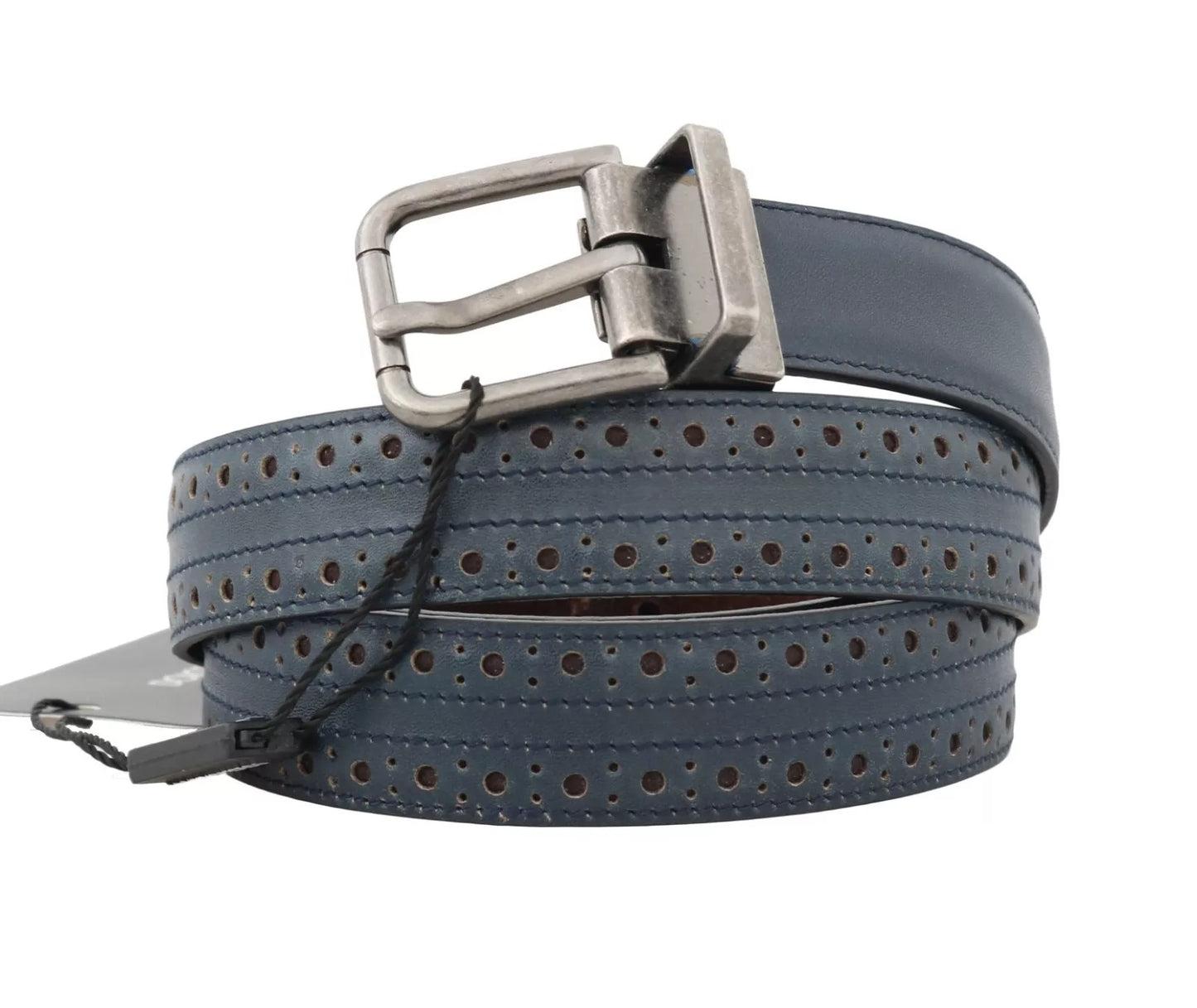 Dolce & Gabbana Blauer perforierter Ledergürtel mit grauer Schnalle