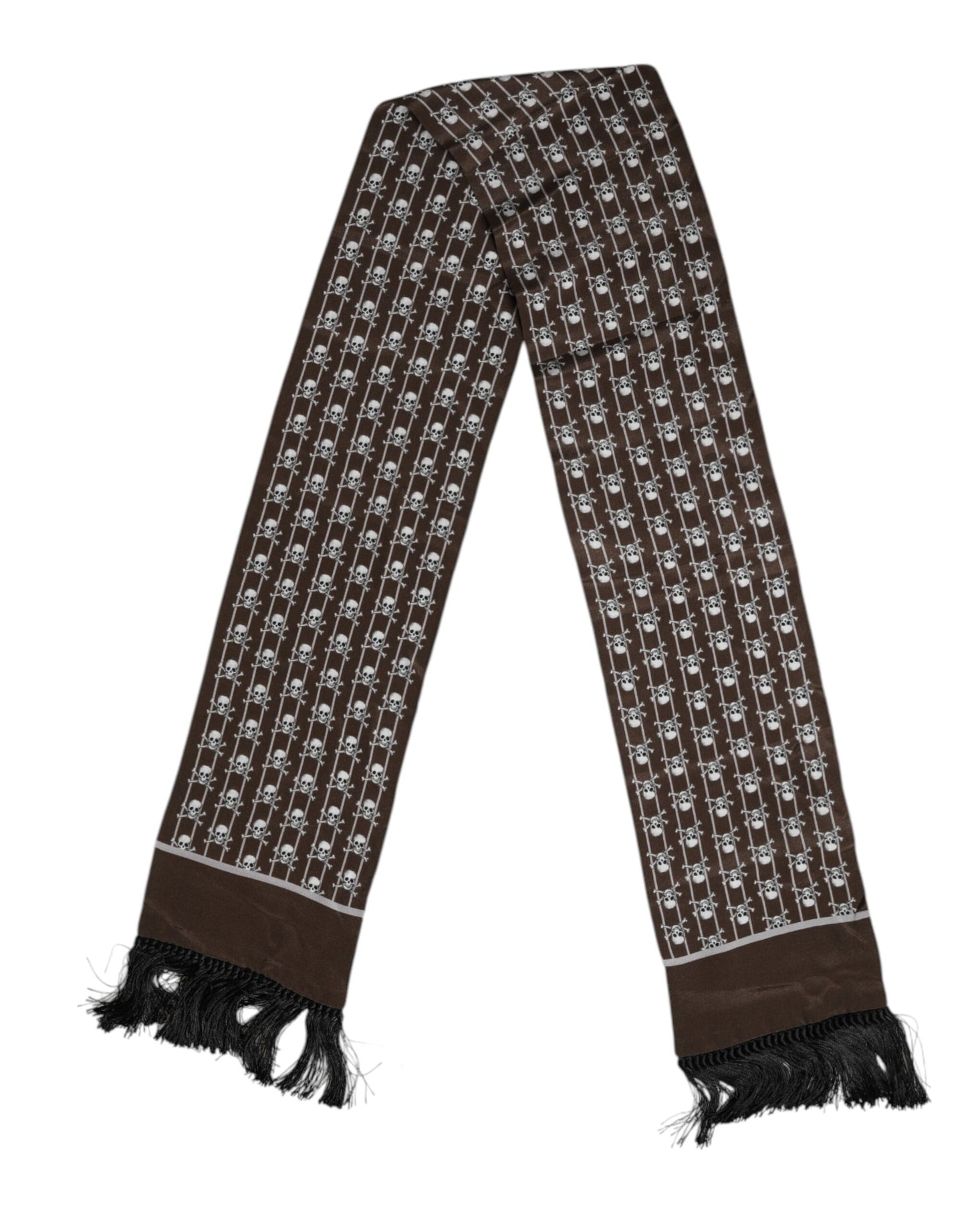 Dolce & Gabbana – Brauner Foulardschal mit Fransen und Totenkopf-Print