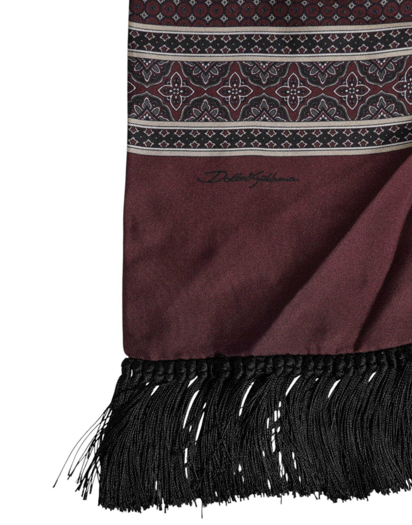 Dolce & Gabbana – Kastanienbrauner Foulard-Schal mit gepunkteten Seidenfransen