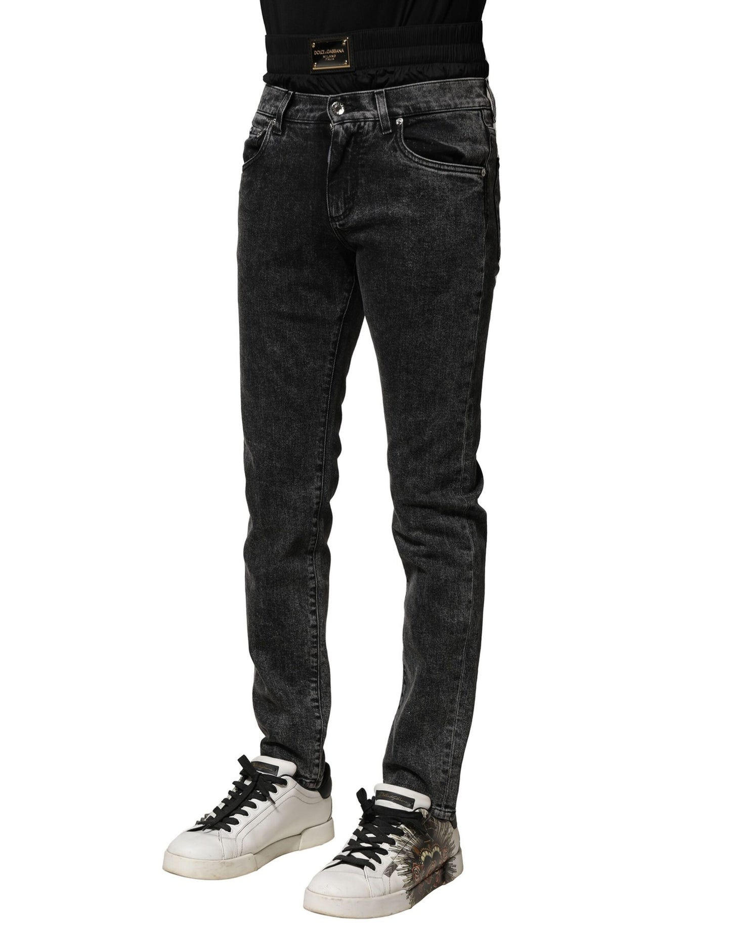Dolce & Gabbana – Schwarze Jeans aus verwaschenem Denim mit doppeltem Bund